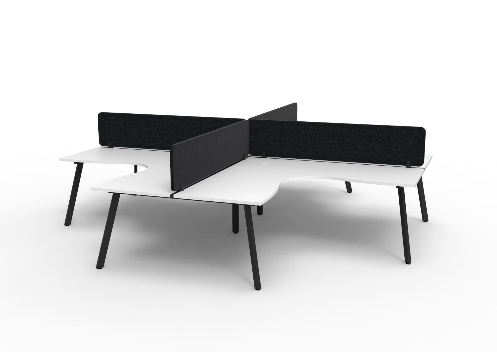 Rapidline Eternity Leg Corner Workstation – 4-Person Pod, Natural White Top, Black Satin Base, Black Screens