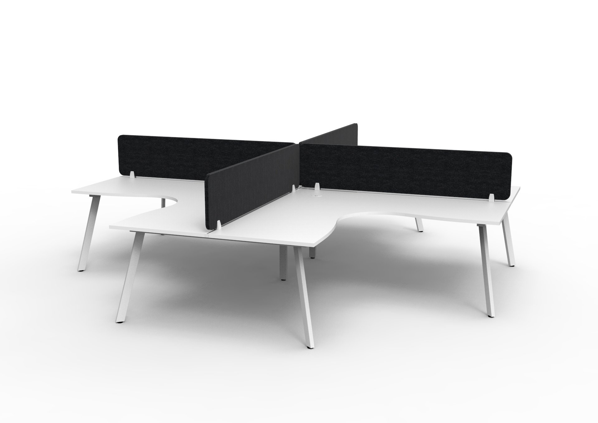 Rapidline Eternity Leg Corner Workstation – 4-Person Pod, Natural White Top, White Satin Base, Black Screens