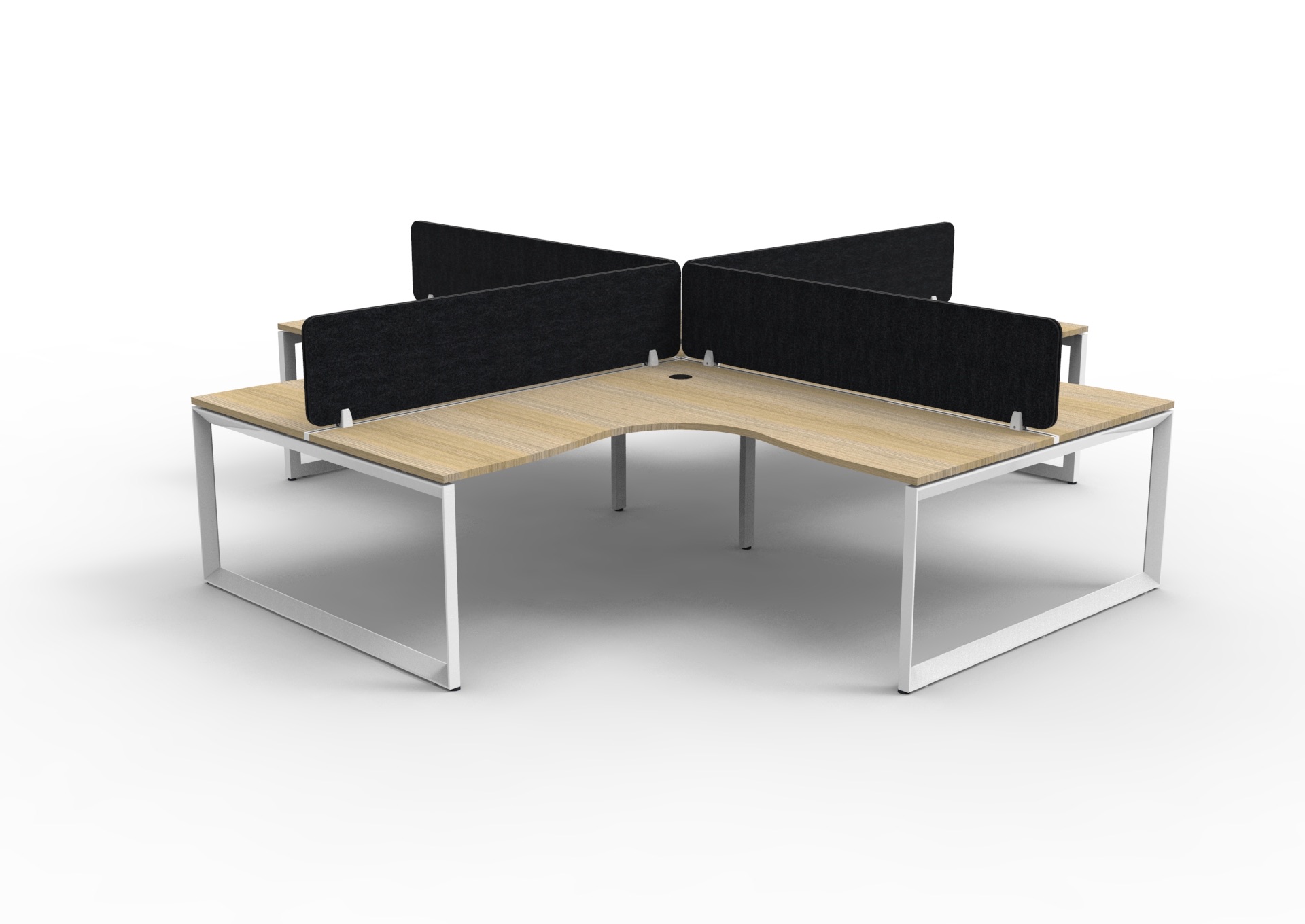 Rapidline Infinity Loop Leg Corner Workstation – Pod of 4 | Natural Oak Top, White Satin Base, Black Eco Panel Screens