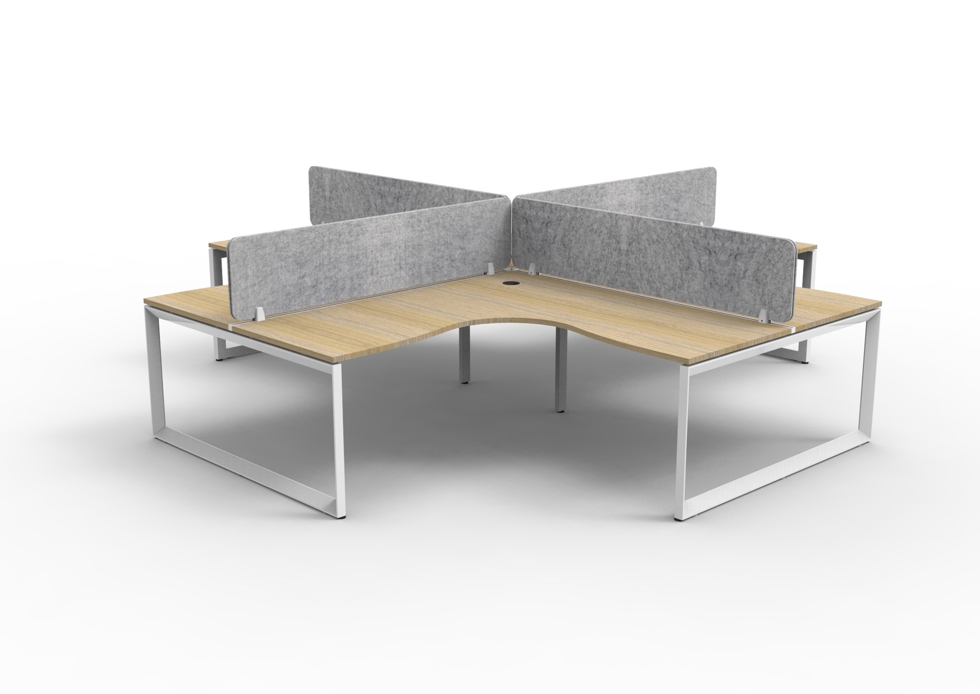 Rapidline Infinity Loop Leg Corner Workstation – Pod of 4 | Natural Oak Top, White Satin Base, Marble Grey Eco Panel Screens