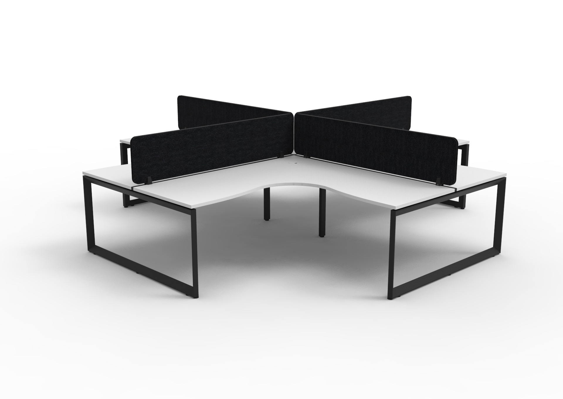 Rapidline Infinity Loop Leg Corner Workstation – Pod of 4 | Natural White Top, Black Satin Base, Black Eco Panel Screens