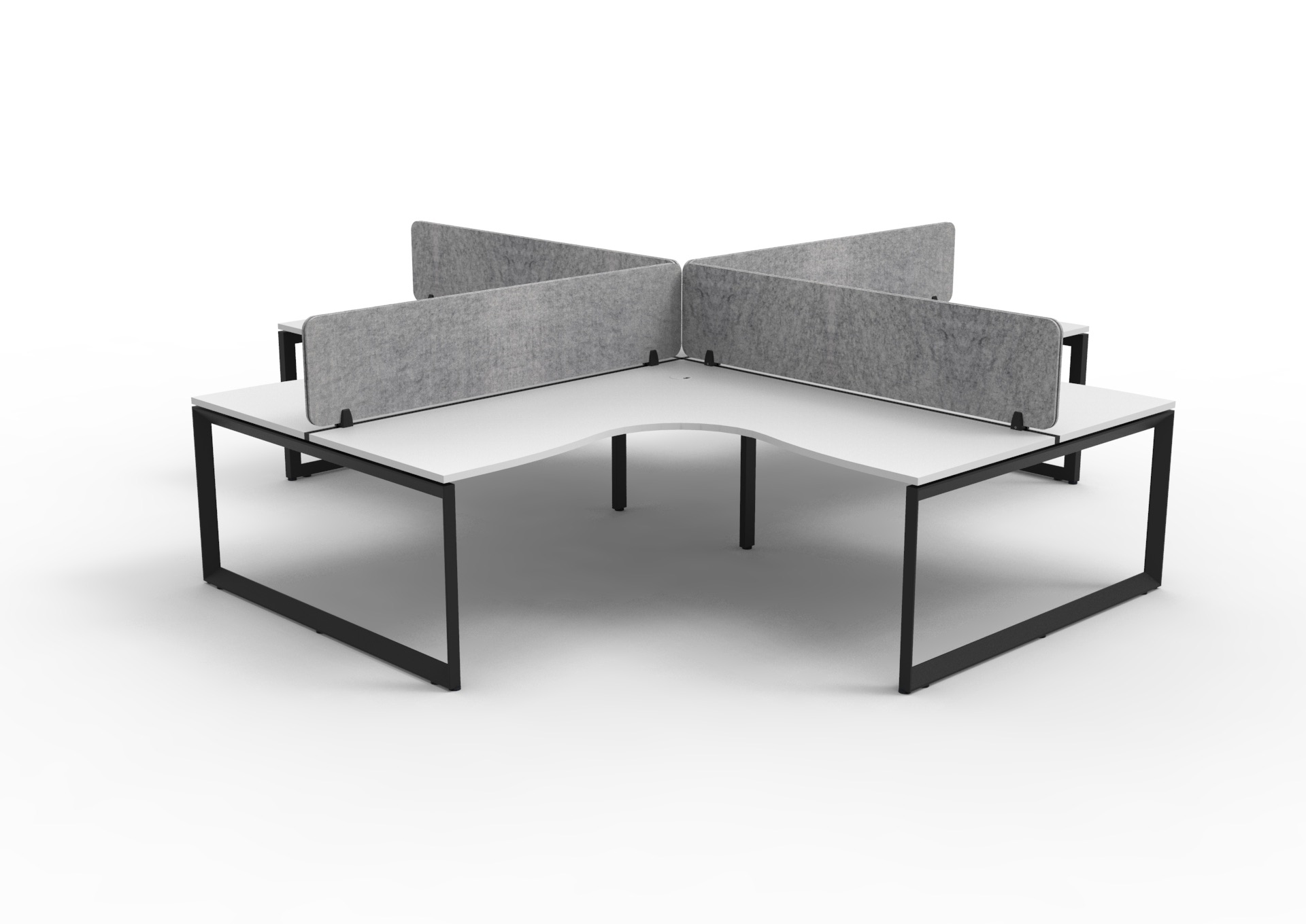 Rapidline Infinity Loop Leg Corner Workstation – Pod of 4 | Natural White Top, Black Satin Base, Marble Grey Eco Panel Screens