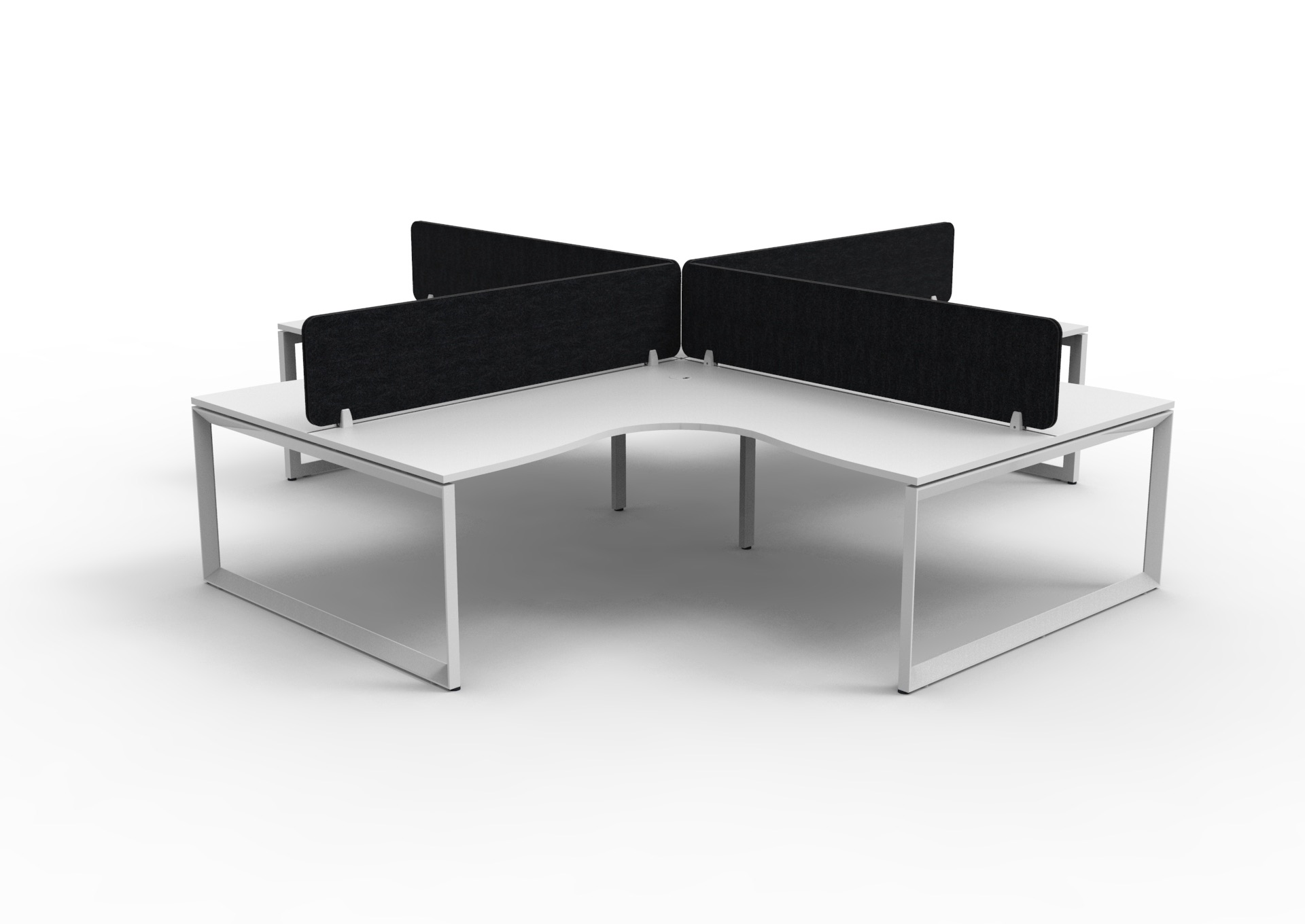 Rapidline Infinity Loop Leg Corner Workstation – Pod of 4 with Screens, 1800×1800mm, White Top & Base, Black Eco Panel Screens