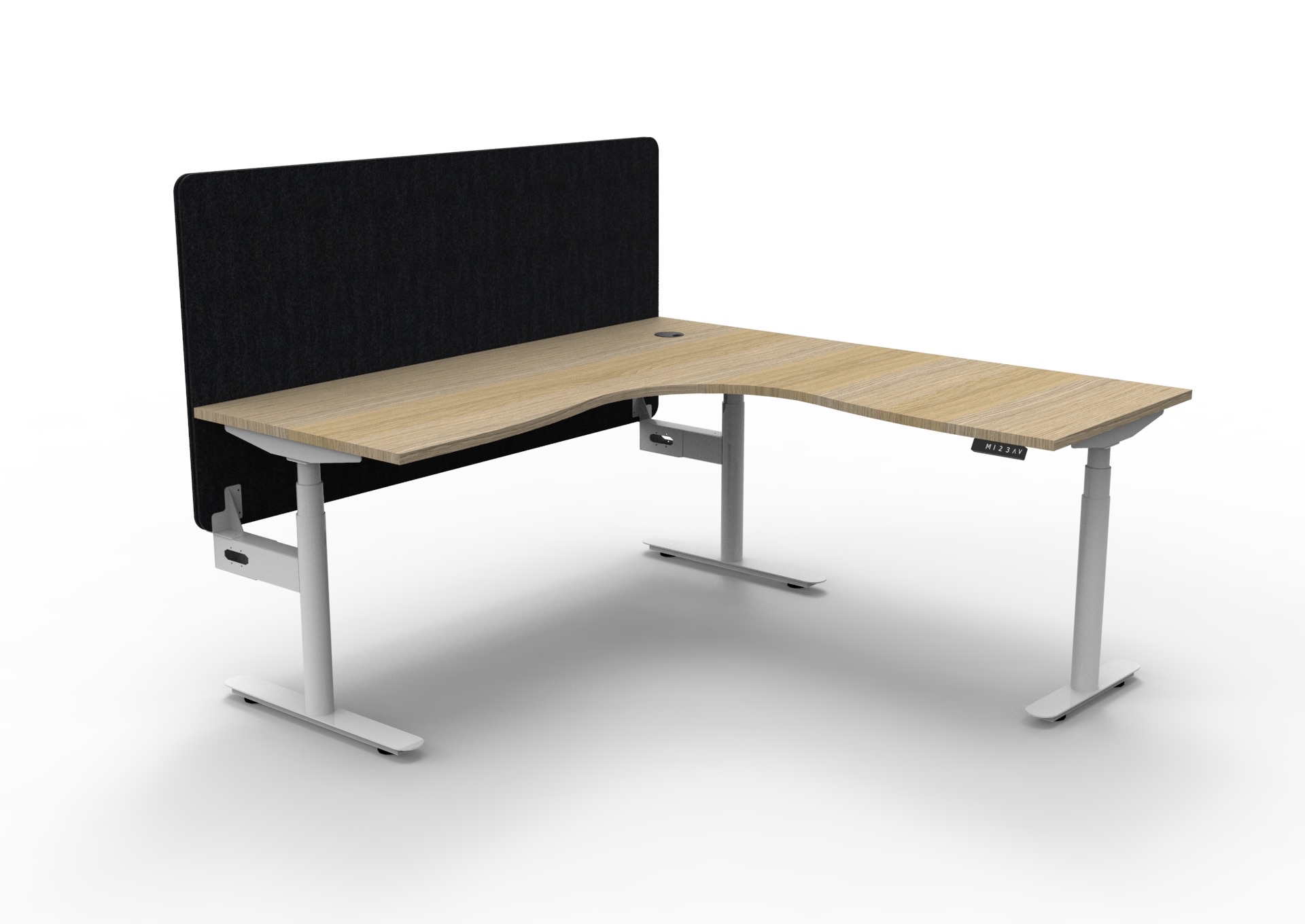 Rapidline Halo+ Corner Workstation – Height Adjustable Desk | Natural Oak Top, White Satin Frame, Black Eco Panel Screen