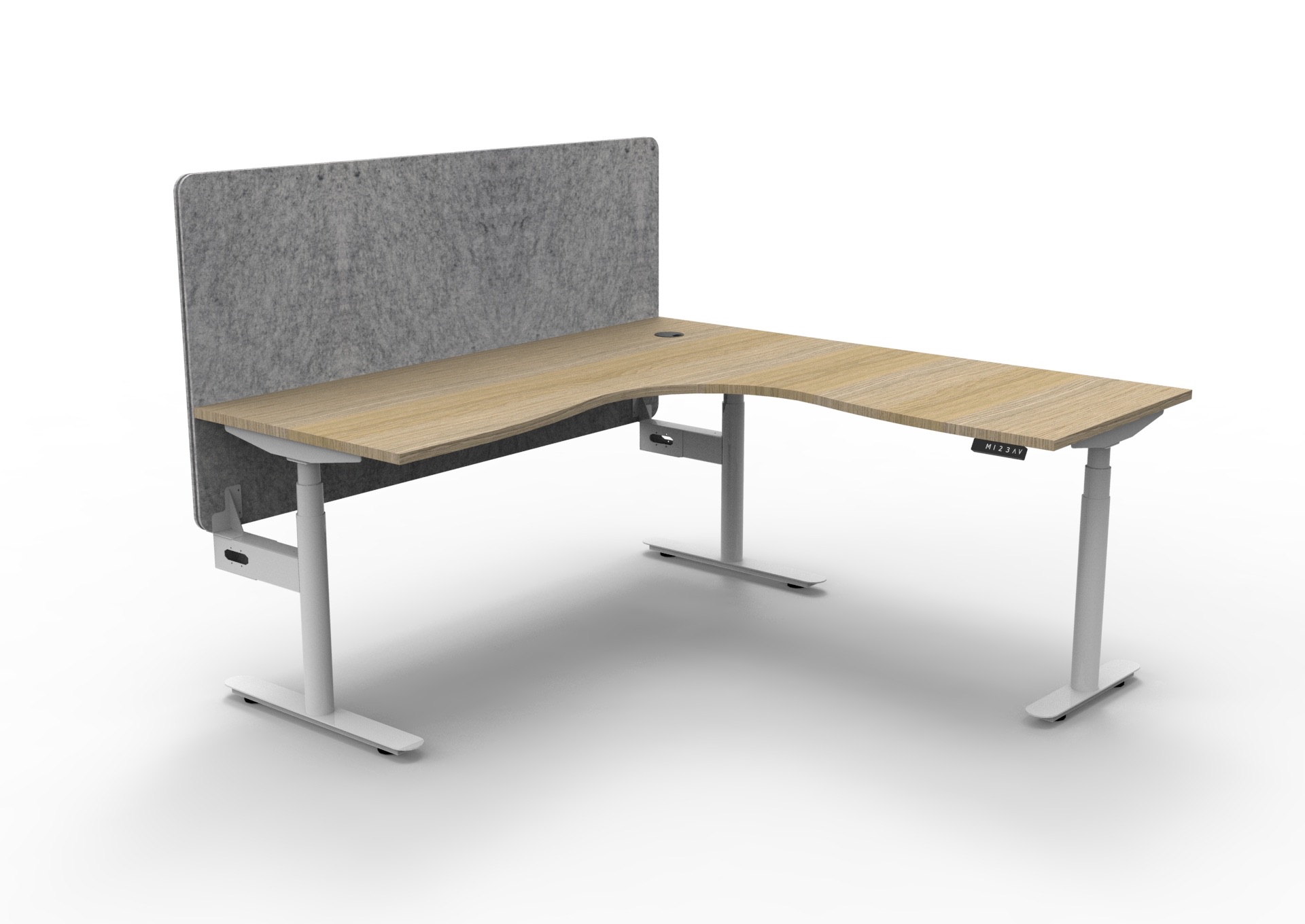 Rapidline Halo+ Corner Workstation – Height Adjustable Desk | Natural Oak Top, White Satin Frame, Marble Grey Eco Panel Screen