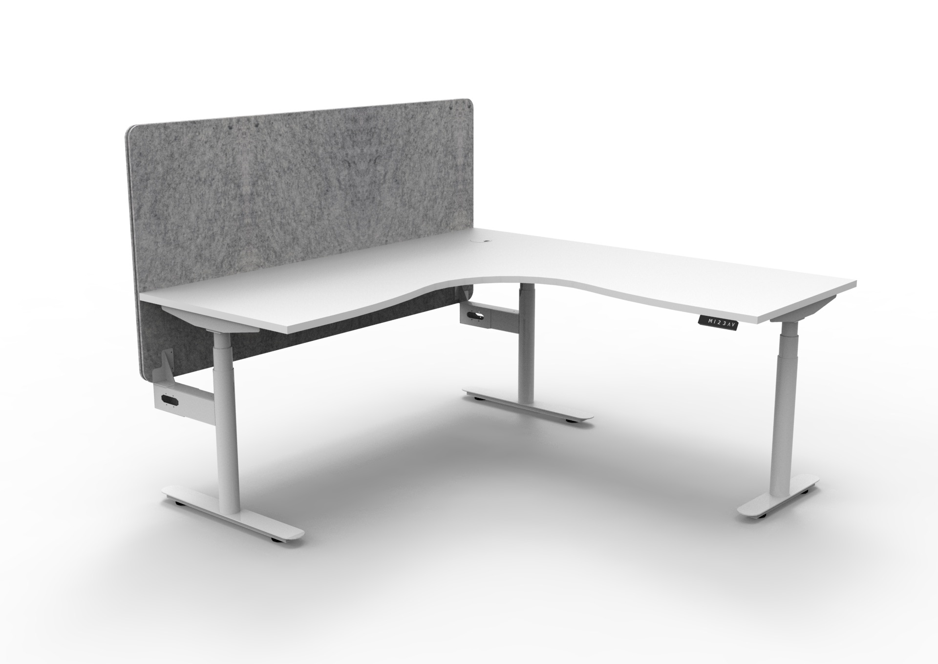 Halo+ Corner Workstation – 1500 × 1500 mm | Natural White Top, White Satin Frame, Marble Grey PET Screen