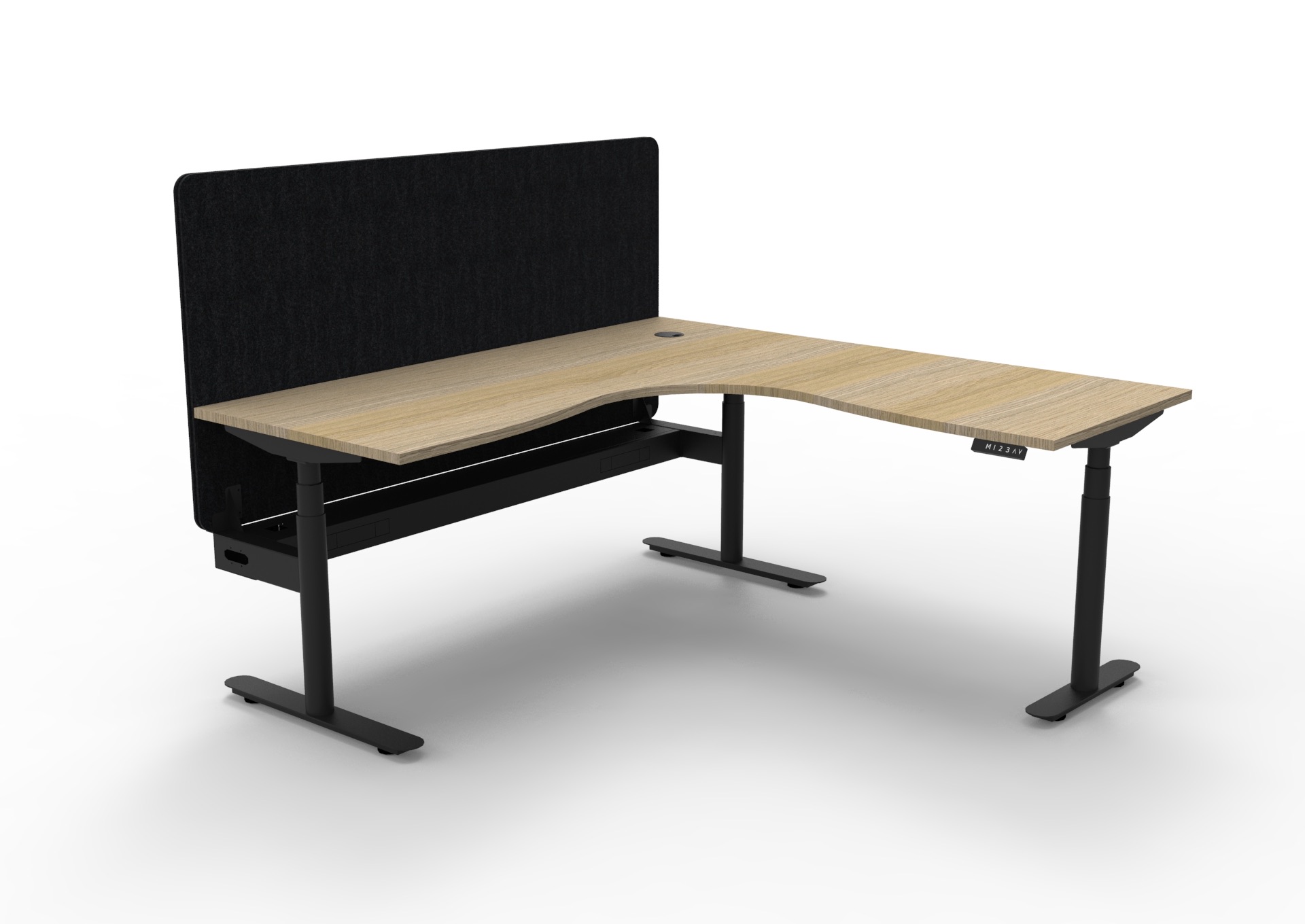 Rapidline Halo+ Corner Workstation – 1800×1500mm, Natural Oak Top, Black Satin Frame, Black PET Screen