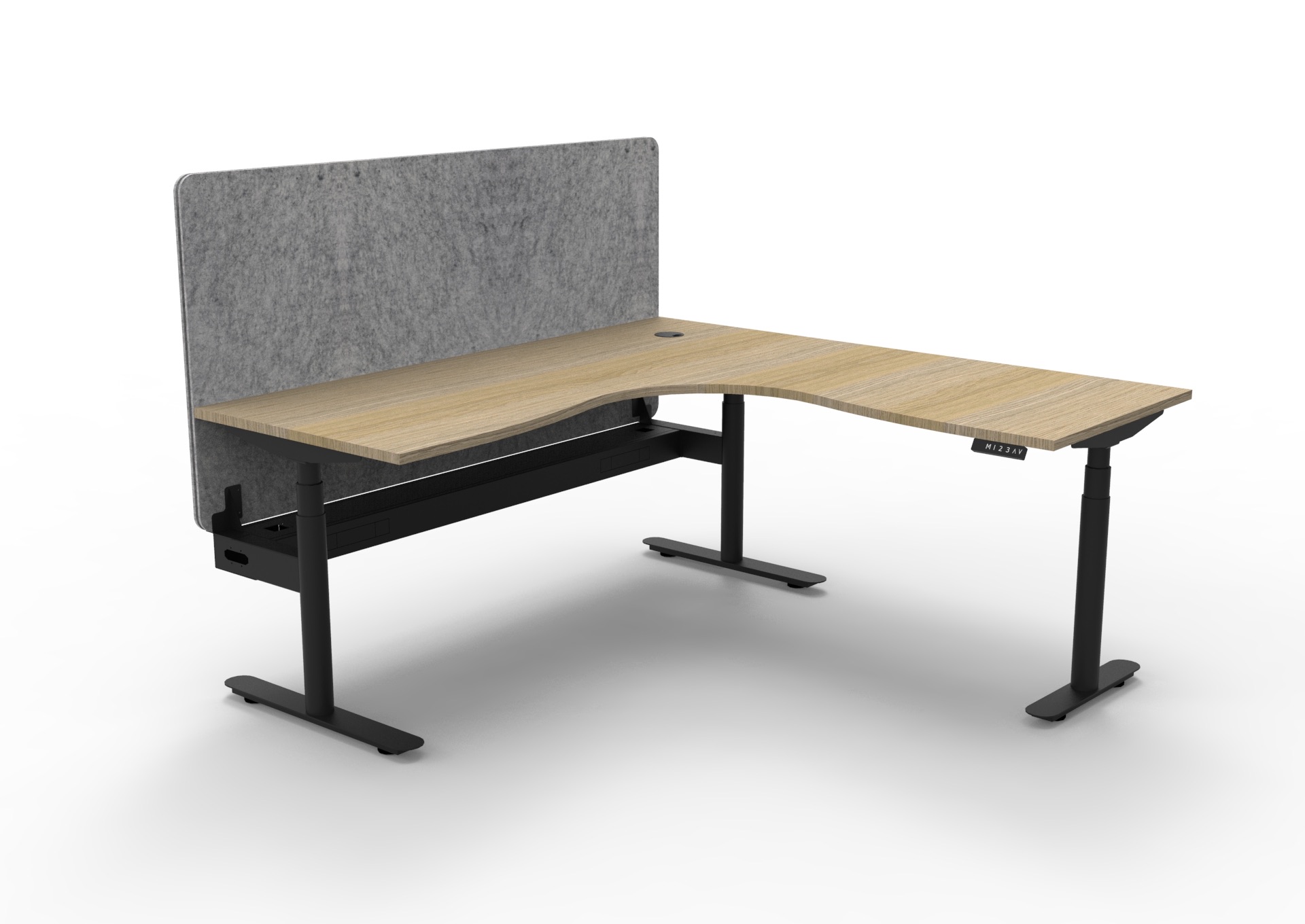 Rapidline Halo+ Corner Workstation – 1800×1500mm, Natural Oak Top, Black Satin Frame, Marble Grey PET Screen