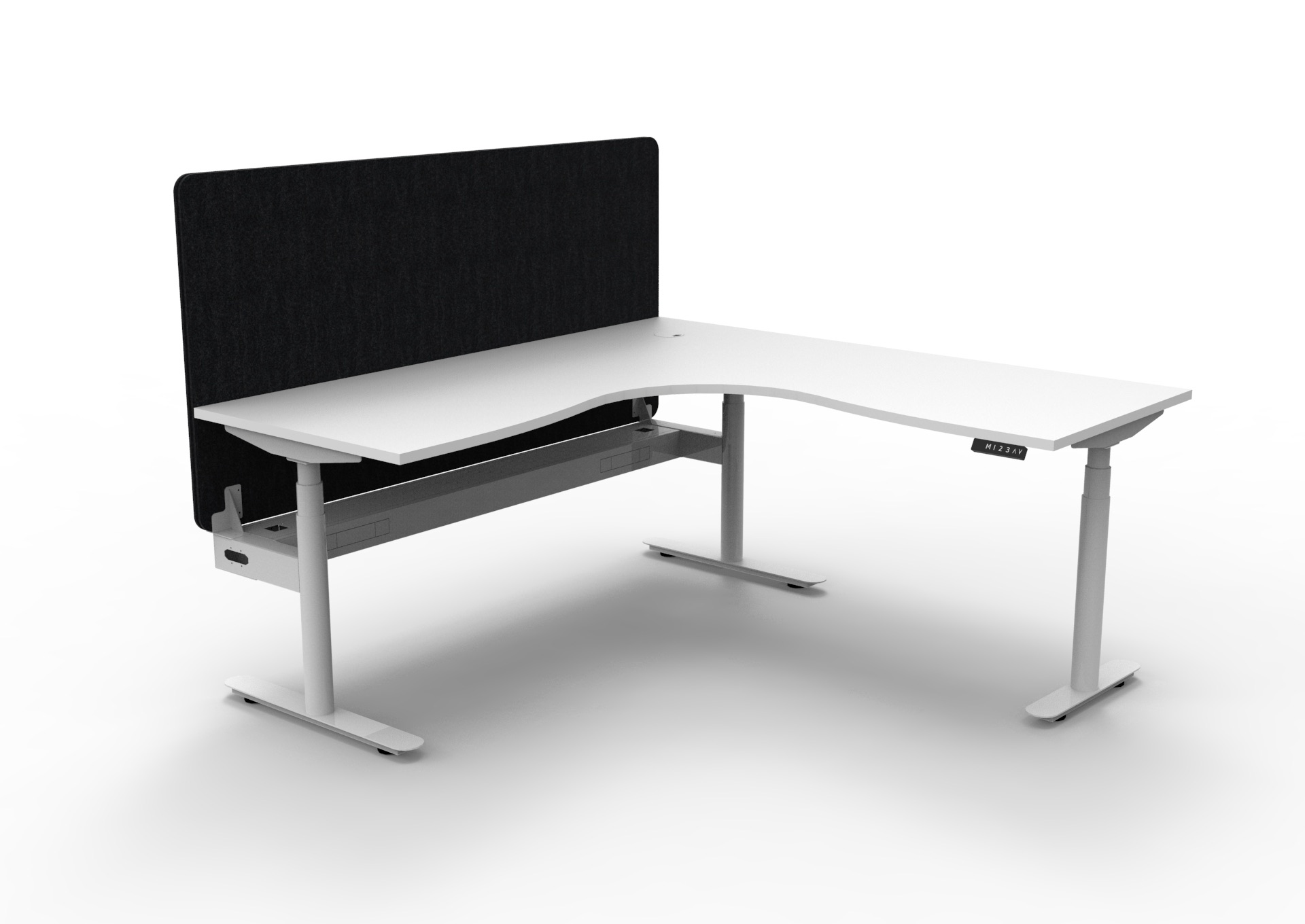 Rapidline Halo+ Corner Workstation | 1800 x 1500 x 750mm | Natural White Top, White Satin Frame, Black PET Screen, Cable Tray