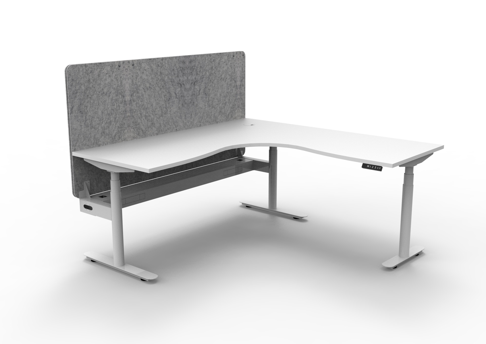 Rapidline Halo+ Corner Workstation | 1800 x 1500 x 750mm | Natural White Top, White Satin Frame, Marble Grey PET Screen, Cable Tray