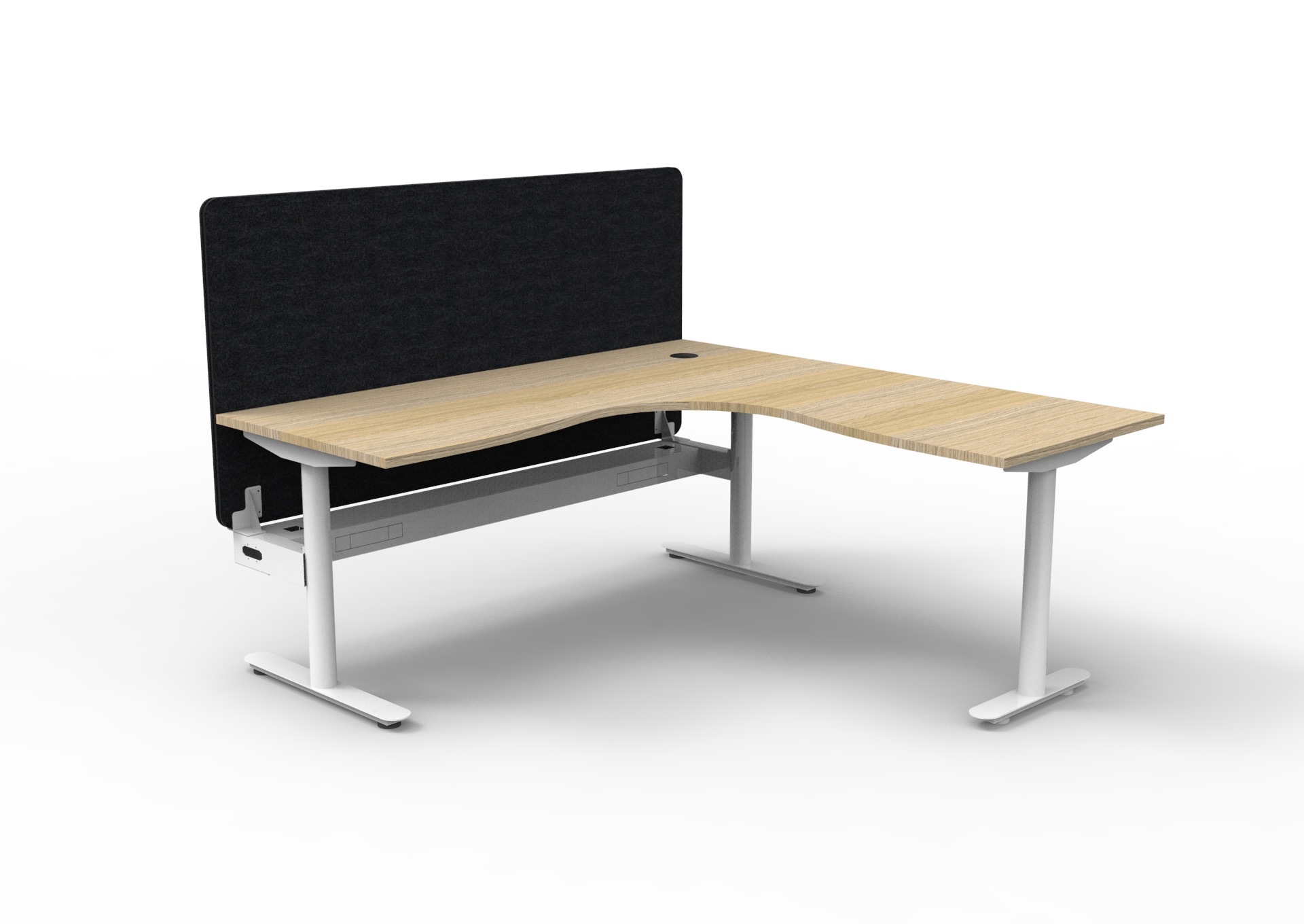 Rapidline Halo Static Corner Workstation – Natural Oak Top, White Satin Frame, Black Screen | 1800×1500×750mm
