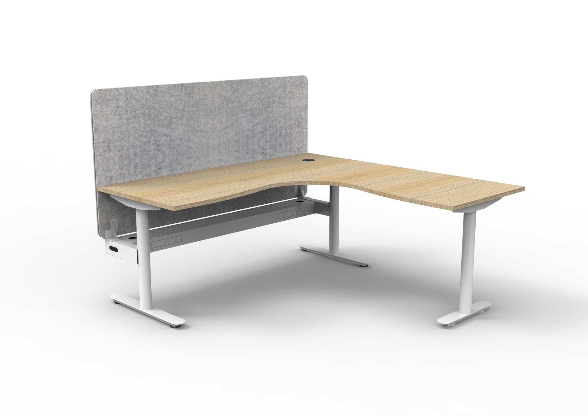 Rapidline Halo Static Corner Workstation – 1500 × 1500 × 750 mm | Natural Oak Top, White Satin Frame, Marble Grey PET Screen