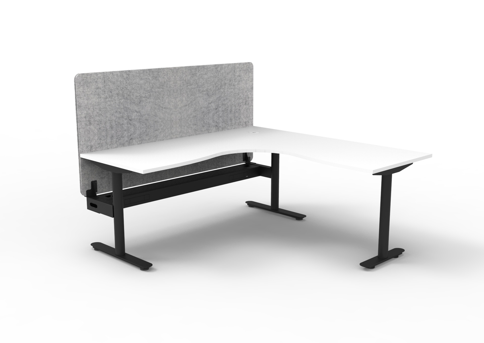 Rapidline Halo Static Corner Workstation – Natural White Top, Black Satin Frame, Marble Grey Screen | 1800×1500×750mm