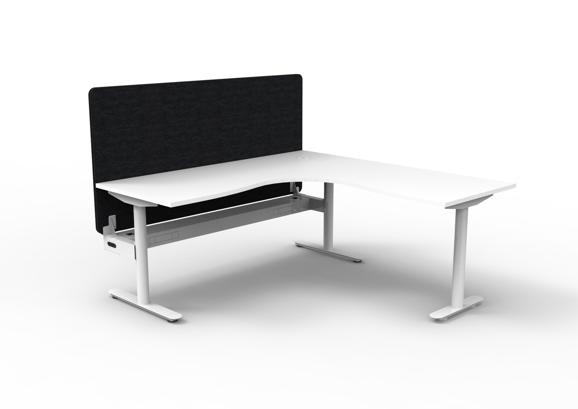 Rapidline Halo Static Corner Workstation – 1800×1500mm, White Top & White Satin Frame, Black PET Screen, Cable Tray