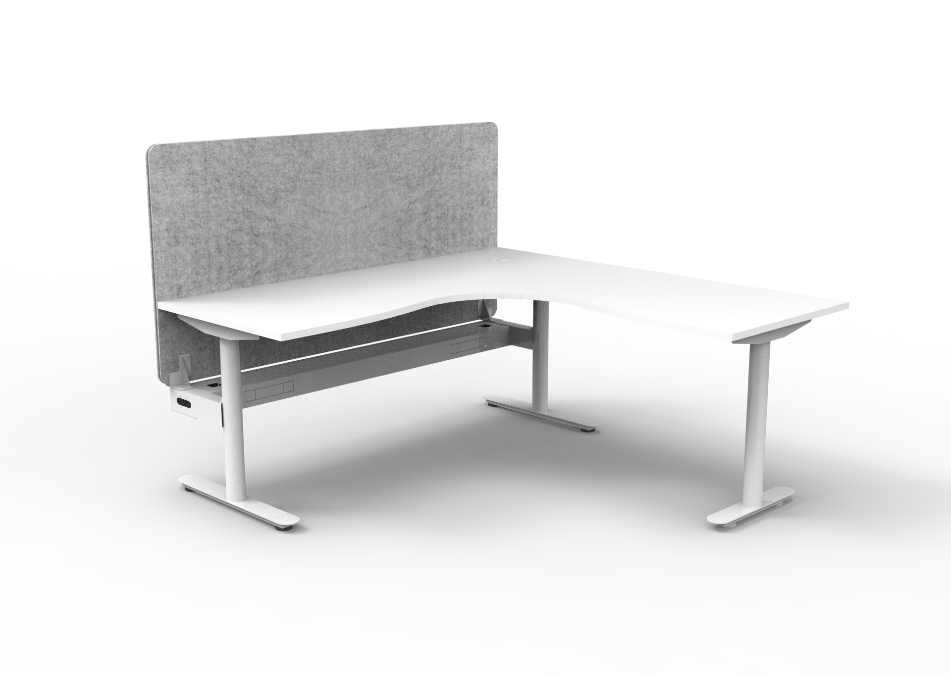 Rapidline Halo Static Corner Workstation – 1800×1500mm, White Top & White Satin Frame, Marble Grey PET Screen, Cable Tray