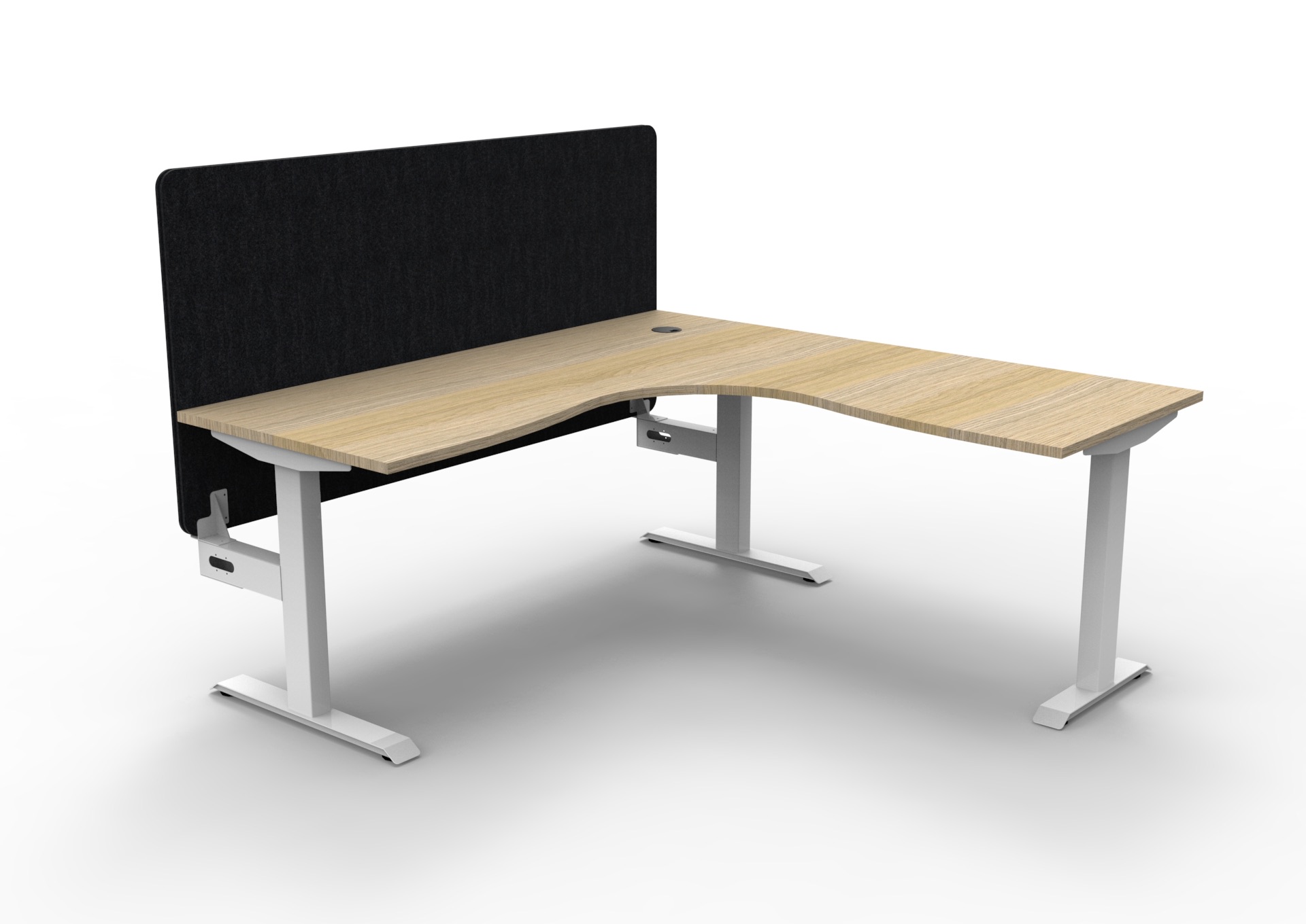 Rapidline Boost Static Corner Workstation – Natural Oak Top, White Satin Frame, Black Eco Panel Screen | 1800×1500×750mm