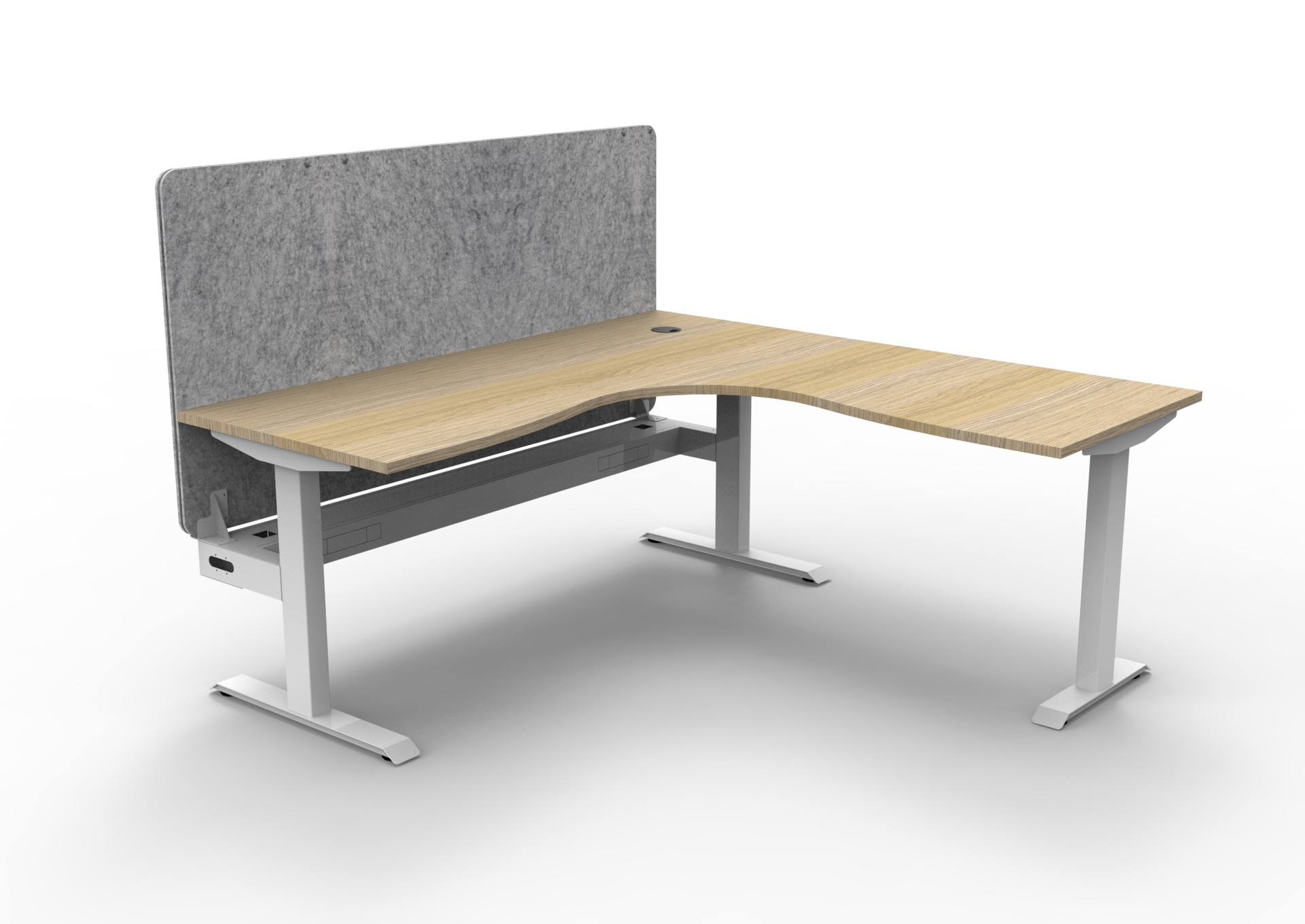 Rapidline Boost Static Corner Workstation – Natural Oak Top, White Satin Frame, Marble Grey Eco Panel Screen