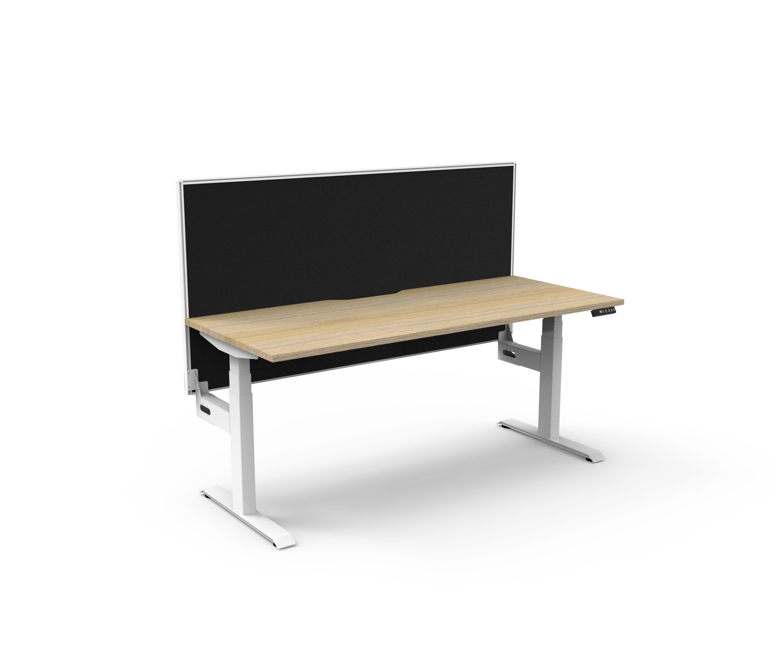 Boost+ Single Sided Height Adjustable Workstation | 1200×750mm | Natural Oak Top & White Satin Frame | Black Fabric SHUSH30 Aluminium Framed Screen