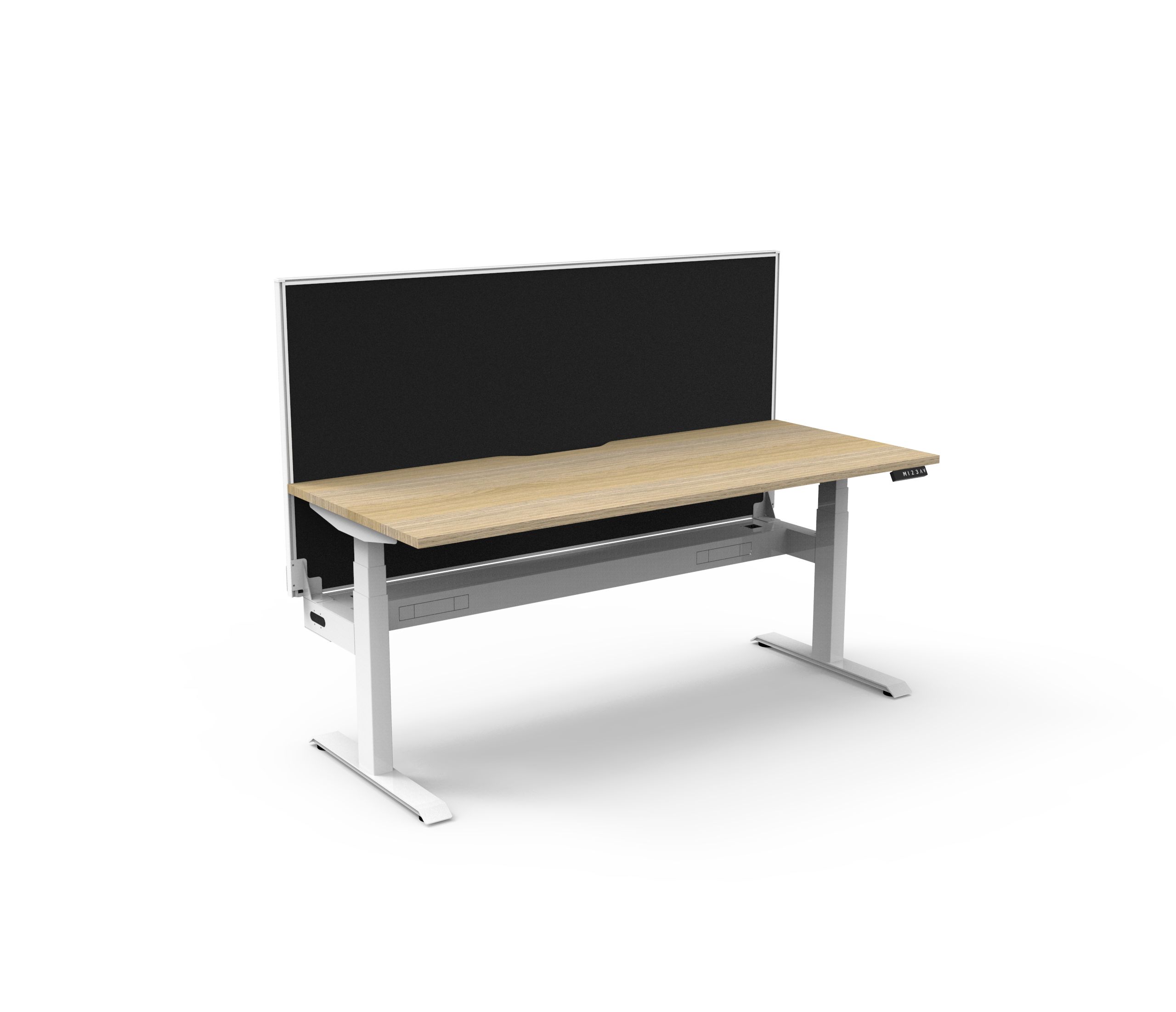 Rapidline Boost+ Sit-Stand Desk 1200mm x 750mm | Natural Oak Top, White Satin Frame, Black SHUSH30 Screen, Cable Tray