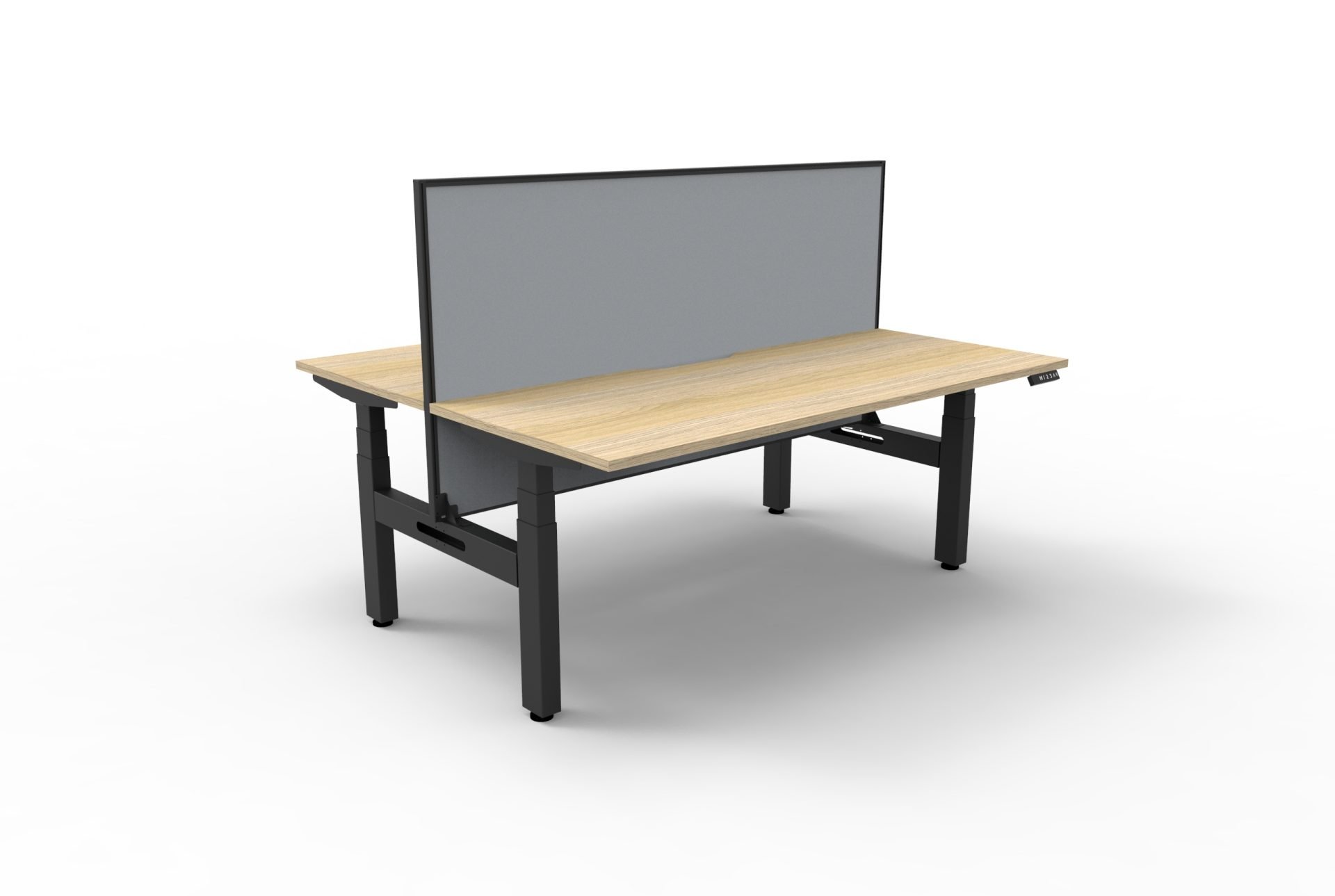 RAPIDLINE Boost+ Back-to-Back Height-Adjustable Workstation – 1800 x 750mm, Natural Oak Top, Black Satin Frame, Grey Screen