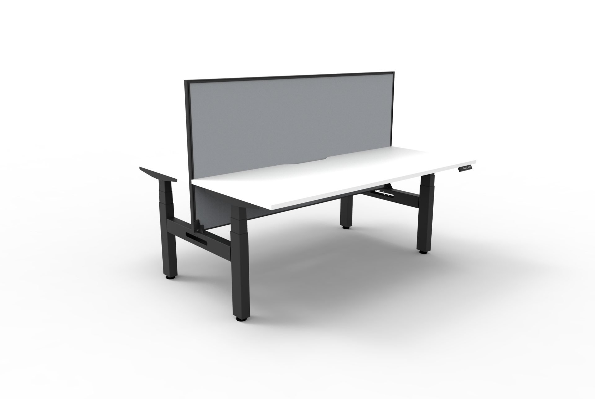 RAPIDLINE Boost+ Back-to-Back Height-Adjustable Workstation – 1500 x 750mm, Natural White Top, Black Satin Frame, Grey Screen