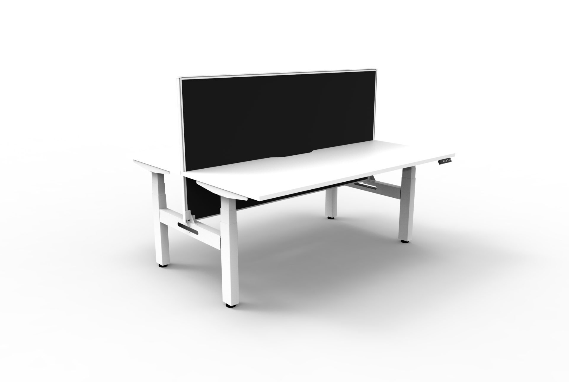 RAPIDLINE Boost+ Back-to-Back Height-Adjustable Workstation – 1500 x 750mm, Natural White Top, White Satin Frame, Black Screen