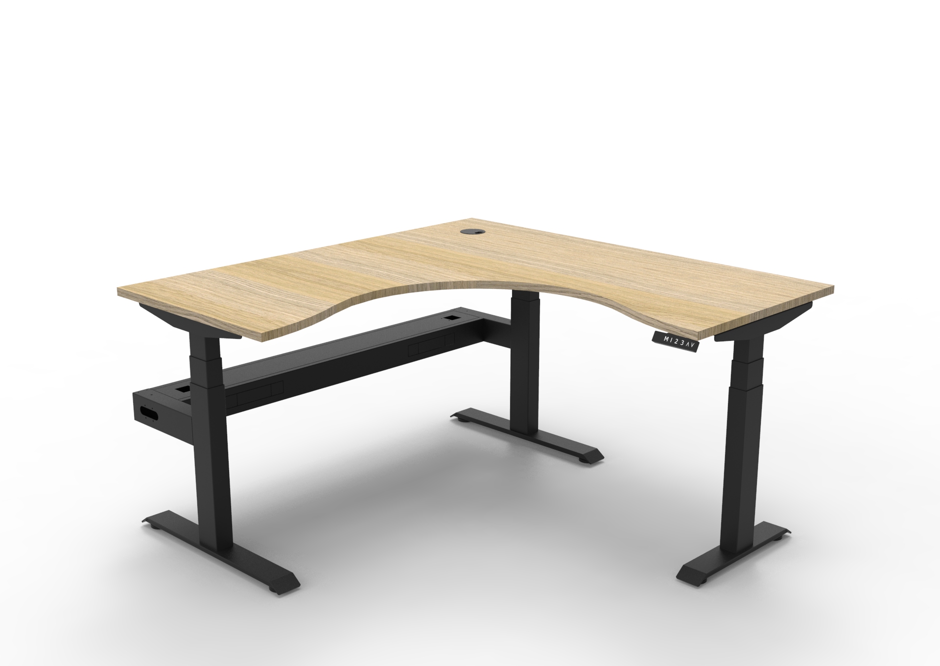 Rapidline Boost+ Corner Sit-Stand Desk – 1500×1500mm, Natural Oak Top, Black Satin Frame, Cable Tray