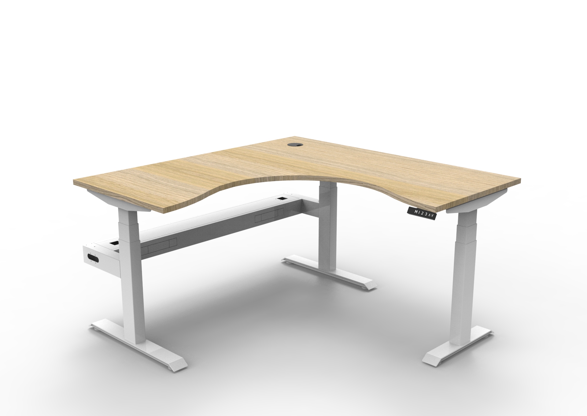 Rapidline Boost+ Corner Sit-Stand Desk – 1500×1500mm, Natural Oak Top, White Satin Frame, Cable Tray
