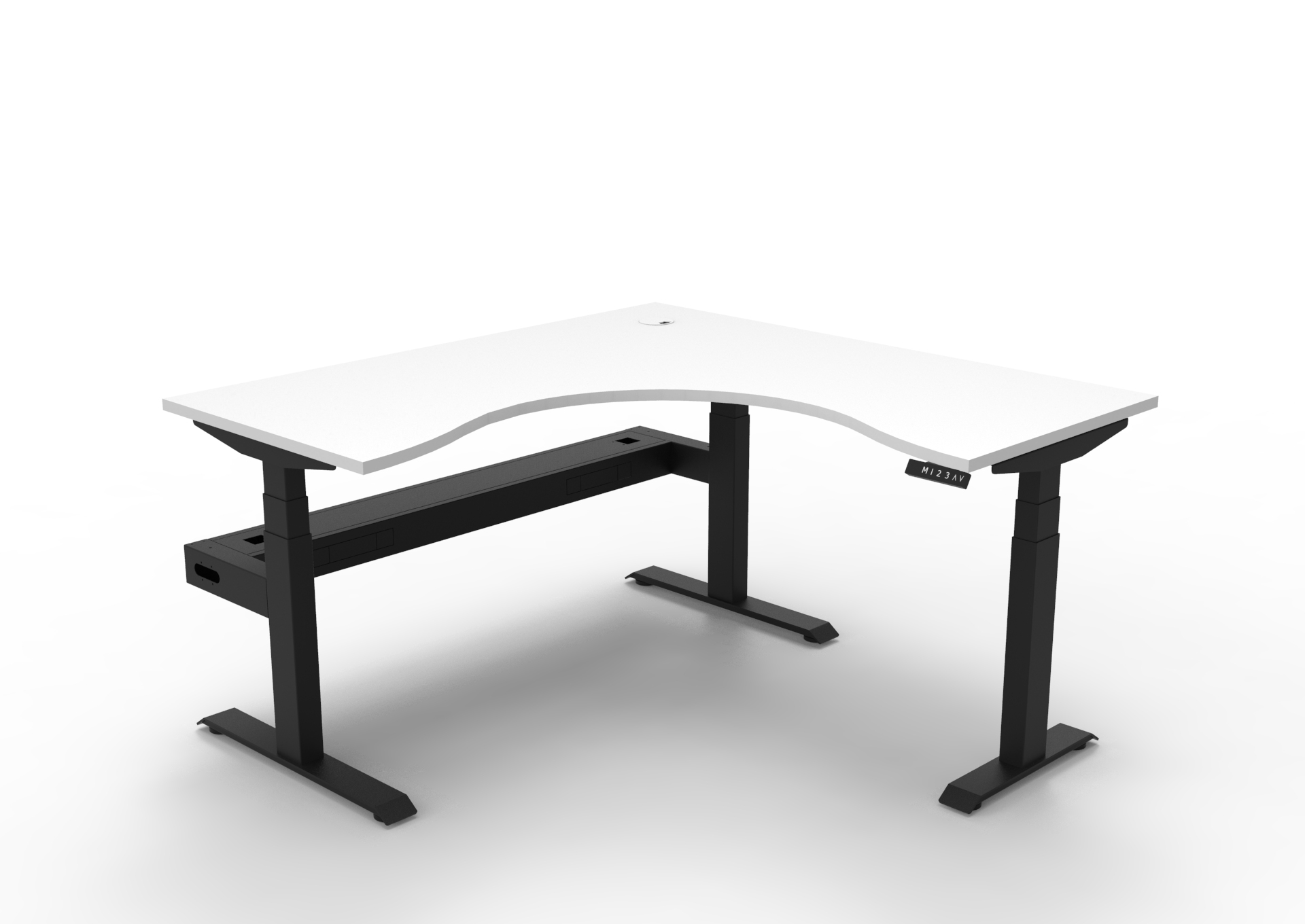 RAPIDLINE Boost+ Height-Adjustable Corner Desk – 1500 × 1500 × 750 mm, Natural White Top, Black Satin Frame, Cable Tray Included