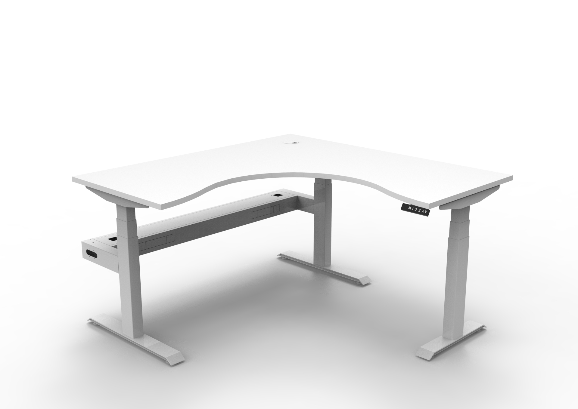 RAPIDLINE Boost+ Height-Adjustable Corner Desk – 1500 × 1500 × 750 mm, Natural White Top, White Satin Frame, Cable Tray Included