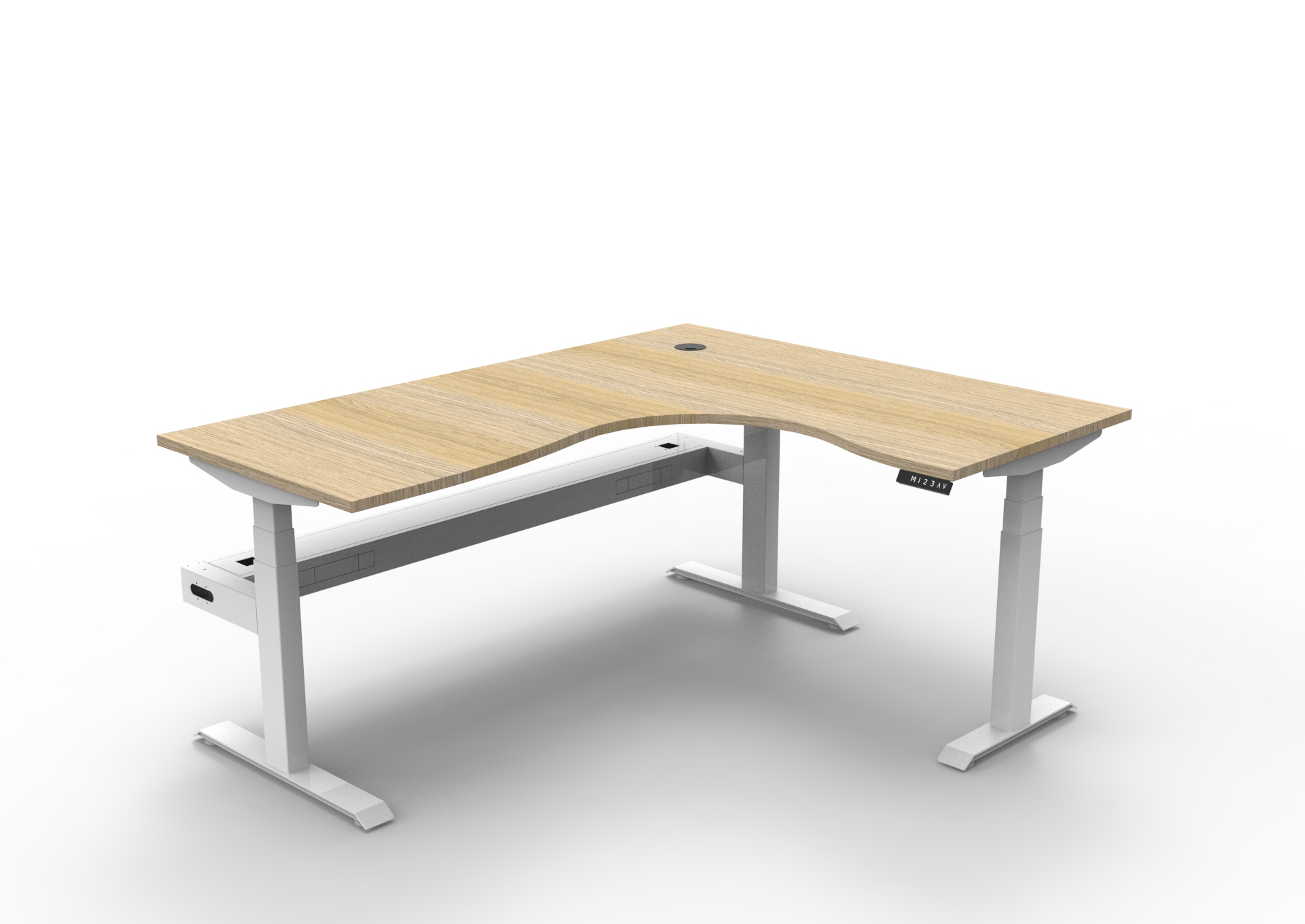 RAPIDLINE Boost+ Height-Adjustable Corner Desk – 1800 × 1500 × 750 mm, Natural Oak Top, White Satin Frame, Cable Tray Included