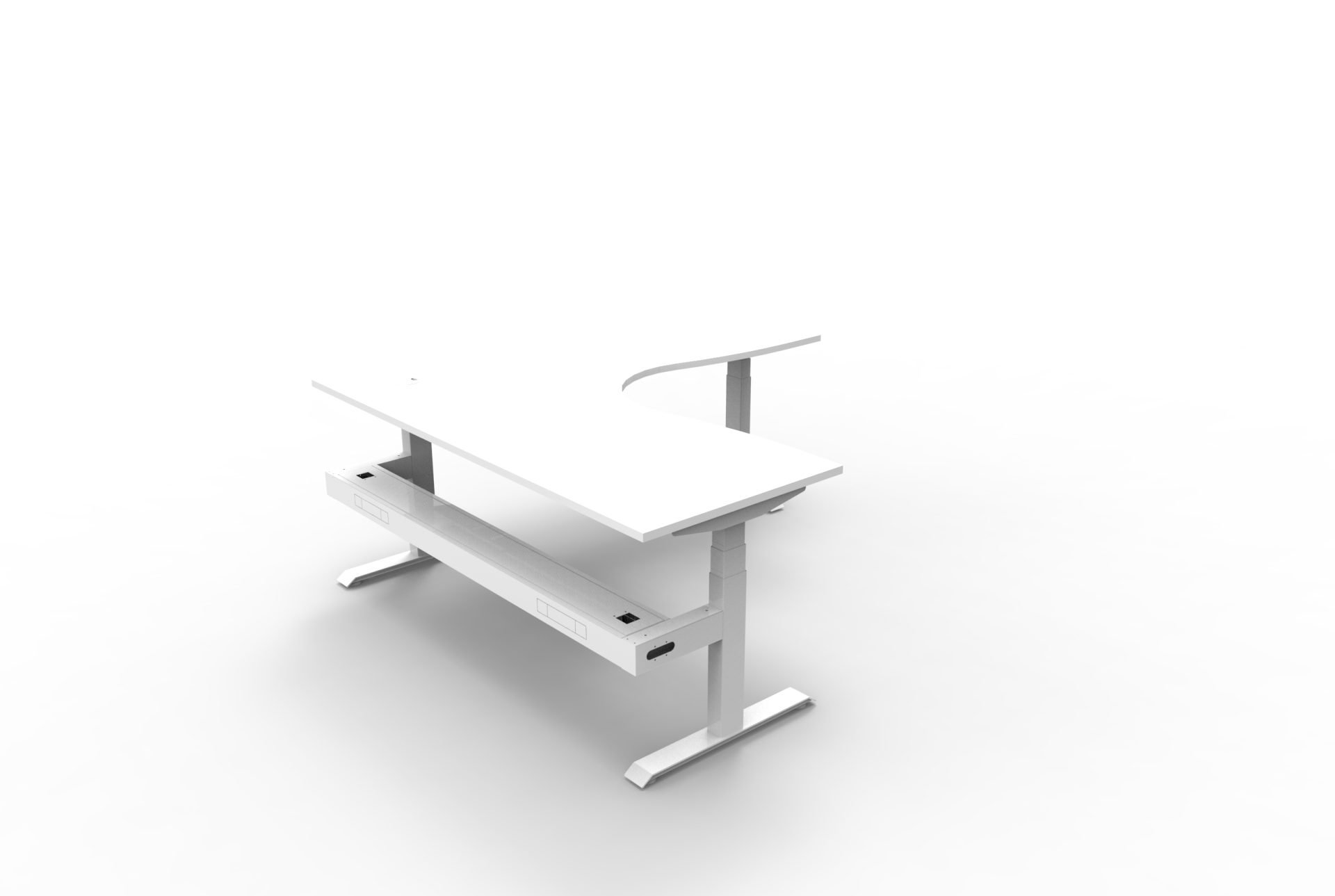 Rapidline Boost+ Height-Adjustable Corner Desk – 1800×1800mm, Natural White Top, White Satin Frame, Cable Tray