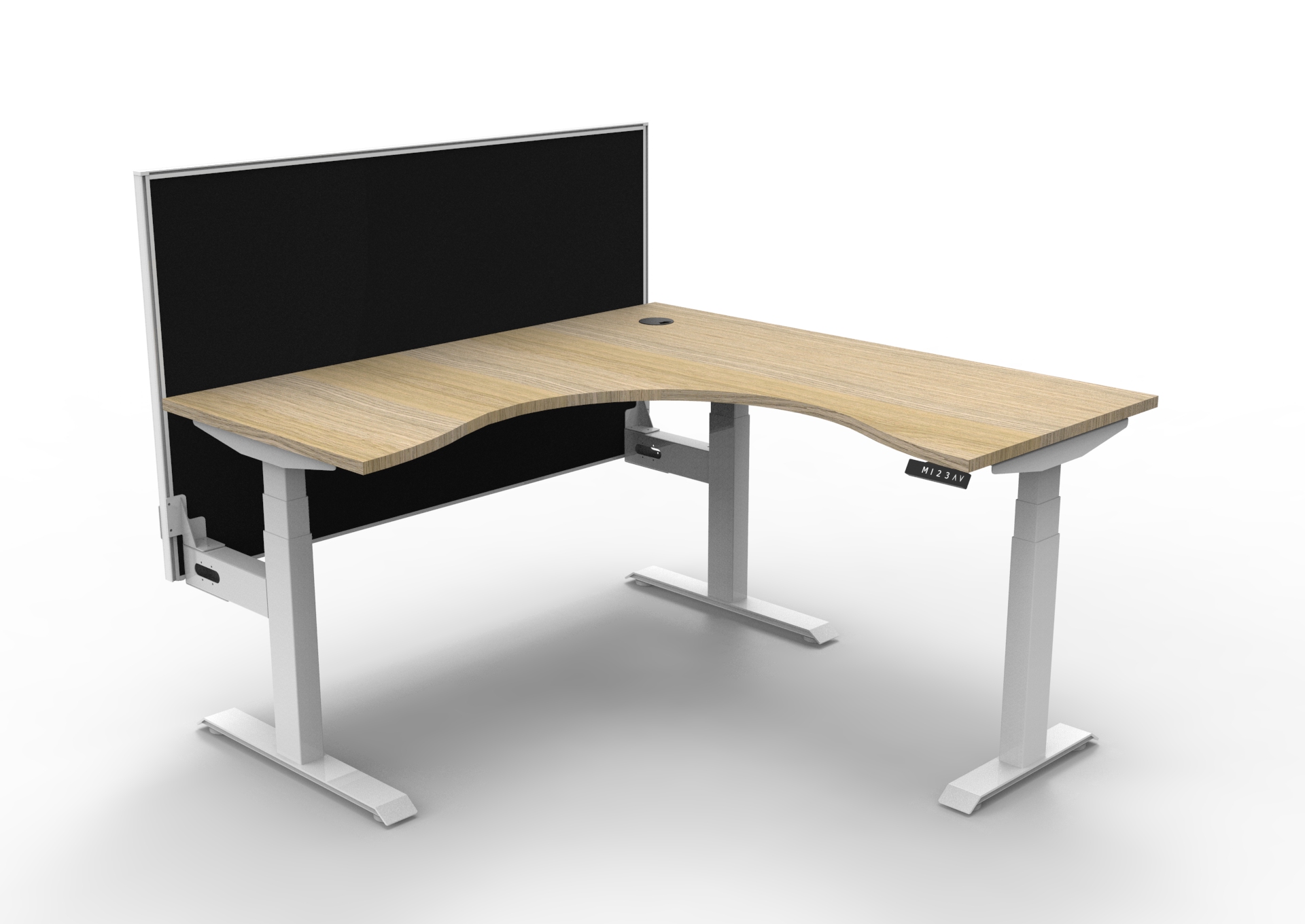 RAPIDLINE Boost+ Corner Workstation | 1500×1500mm | Natural Oak Top, White Satin Frame, Black Fabric Shush30 Screen