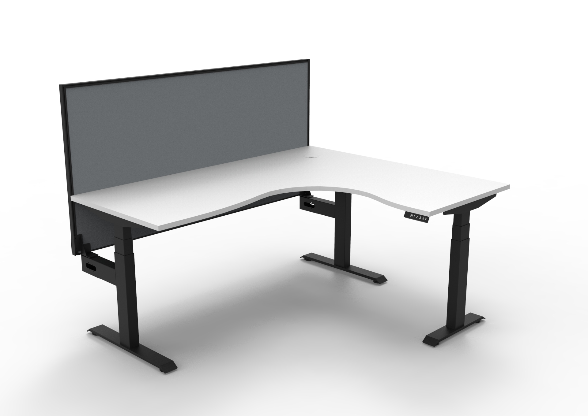 Rapidline Boost+ Corner Workstation – 1800×1500mm, Natural White Top, Black Satin Frame, Grey SHUSH30 Screen