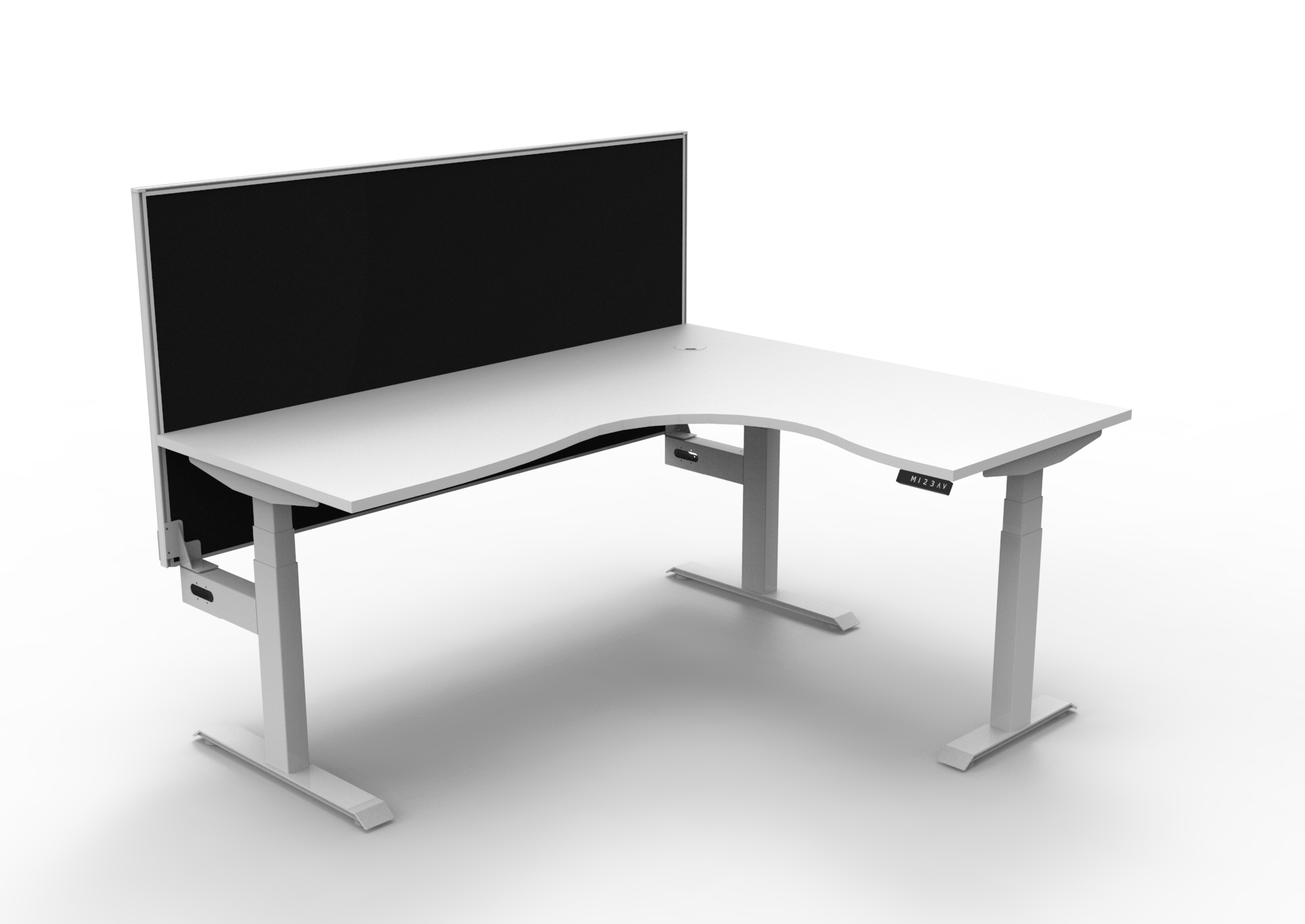 Rapidline Boost+ Corner Workstation – 1800×1500mm, Natural White Top, White Satin Frame, Black SHUSH30 Screen