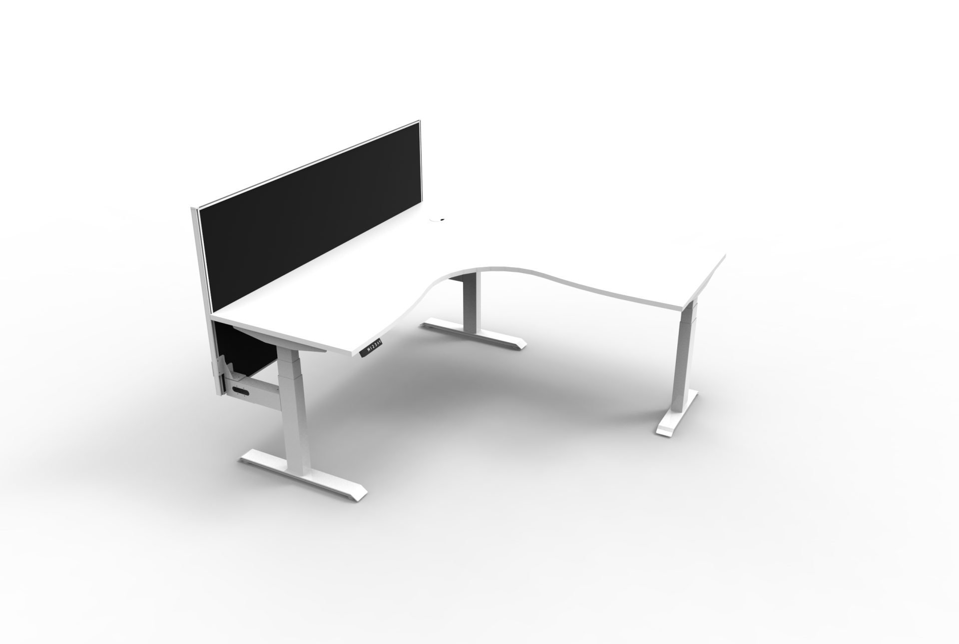 Rapidline Boost+ Corner Workstation | 1800×1800mm | Natural White Top, White Satin Frame | Black SHUSH30 Screen | Height-Adjustable