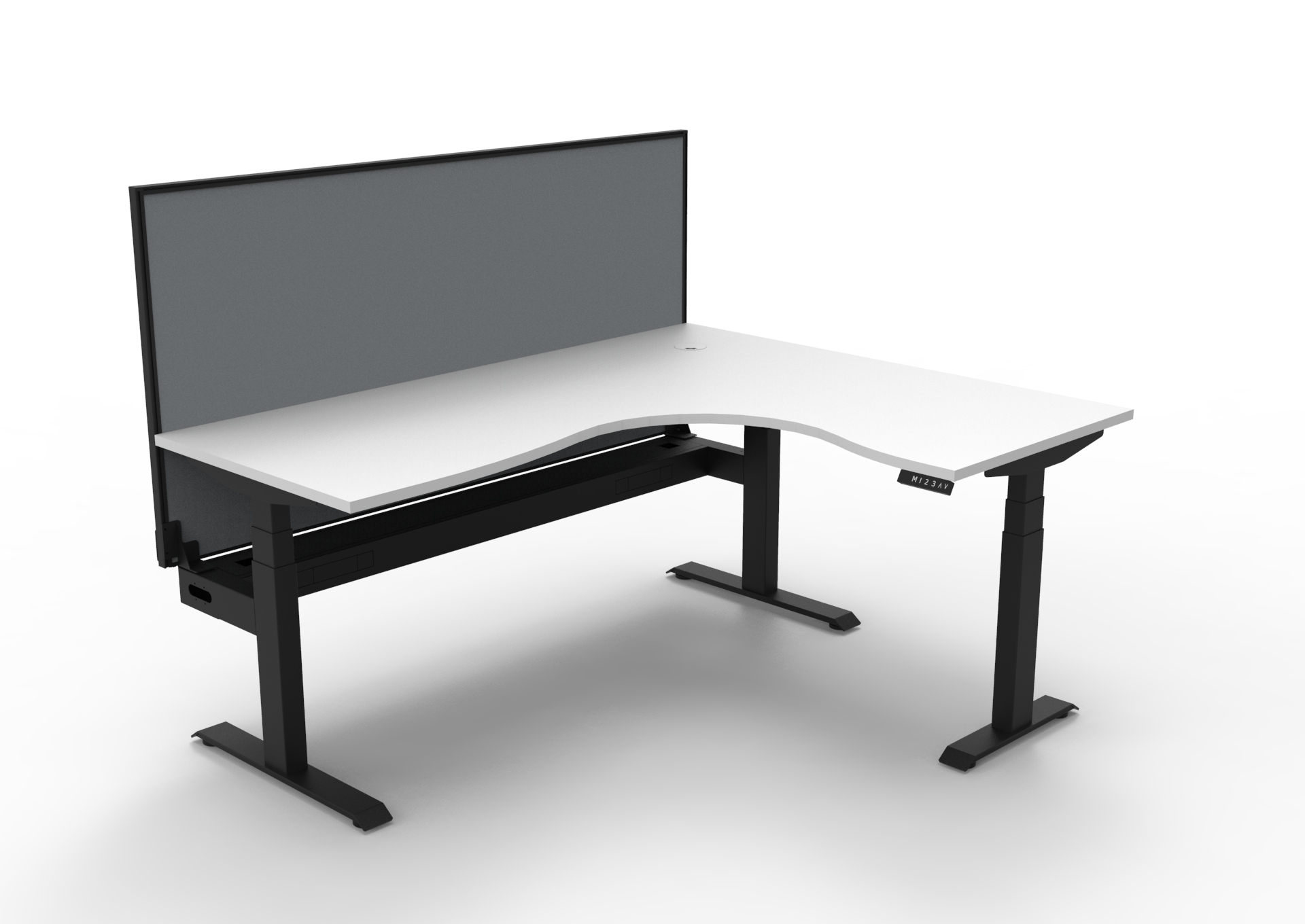 Rapidline Boost+ Corner Workstation – 1800×1500mm | Natural White Top, Black Satin Frame | Grey Screen
