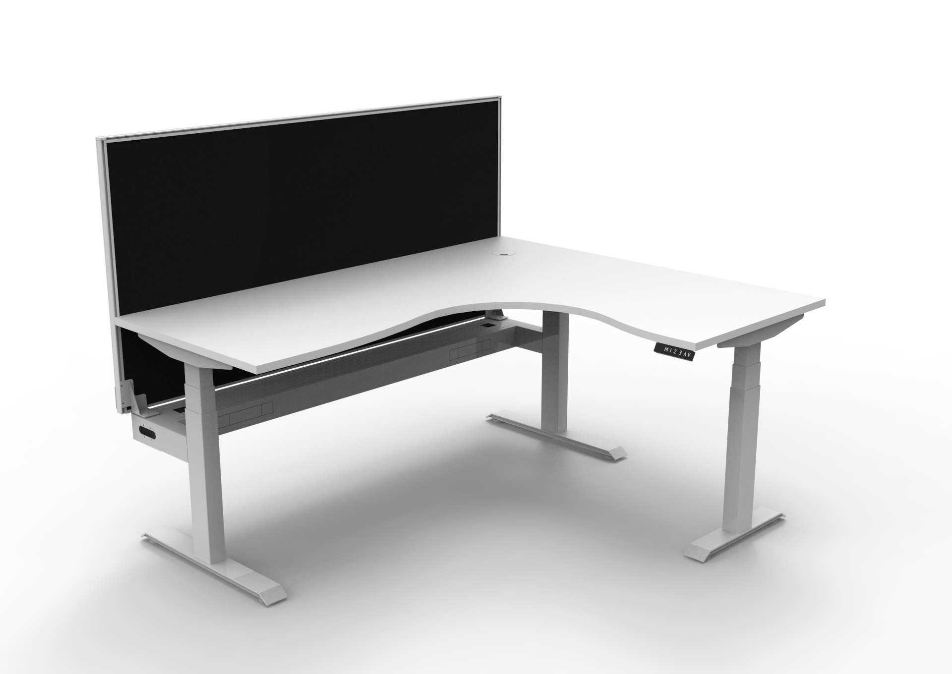 Rapidline Boost+ Corner Workstation – 1800×1500mm | Natural White Top, White Satin Frame | Black Screen