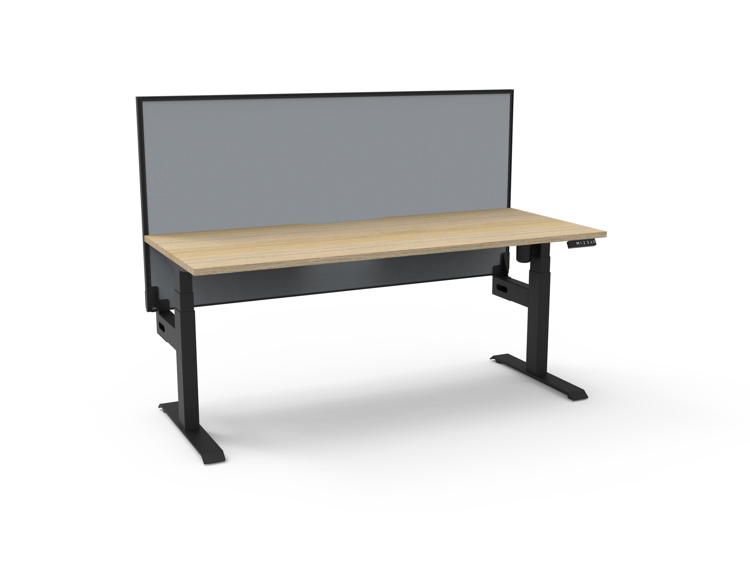 Rapidline Boost Light Sit-Stand Desk – 1200×750mm, Natural Oak Top, Grey Fabric Screen, Black Frame
