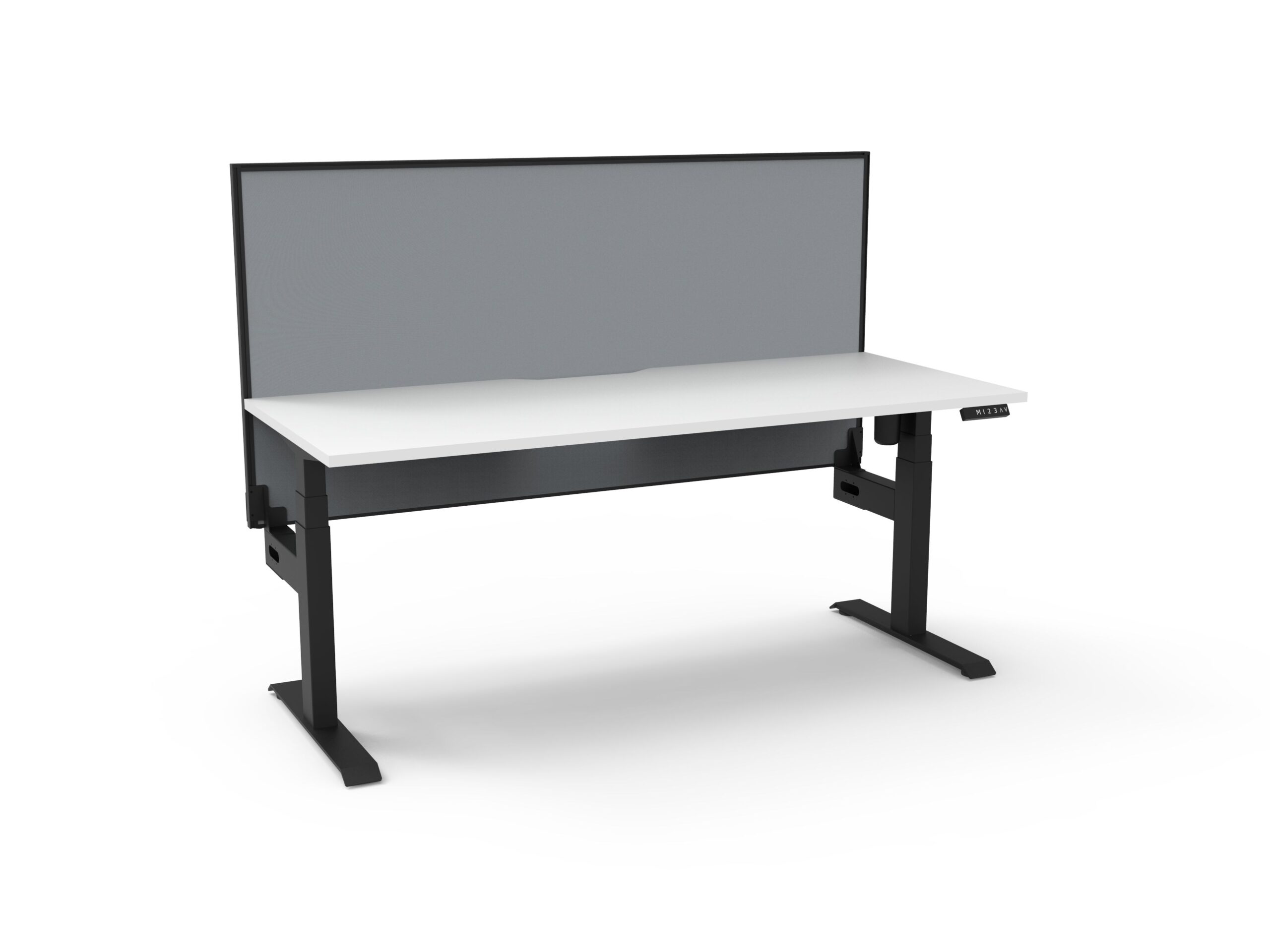 Rapidline Boost Light Standing Desk – 1200×750mm | Natural White Top, Black Frame, Grey Privacy Screen