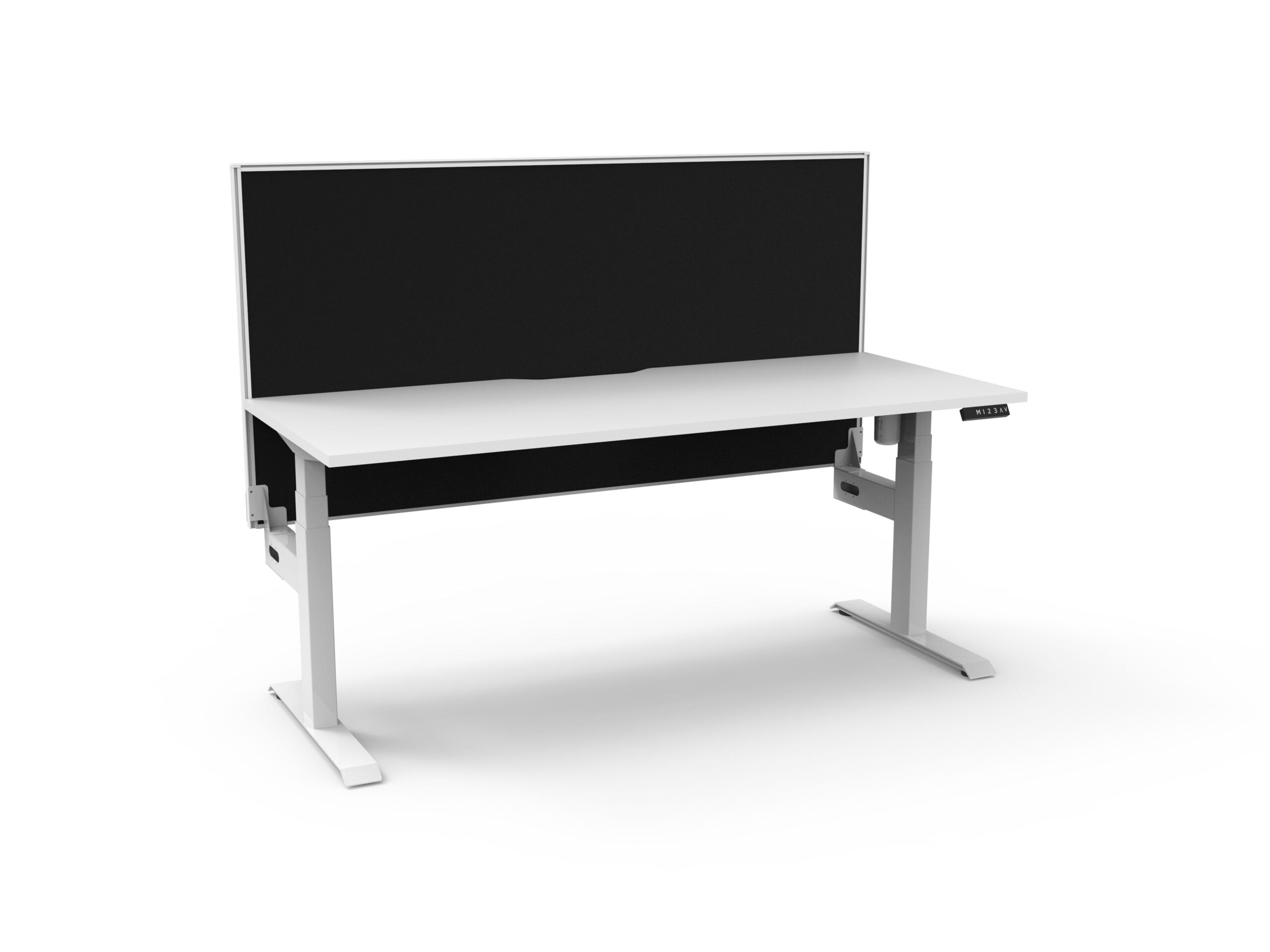 Rapidline Boost Light Standing Desk – 1200×750mm | Natural White Top, White Frame, Black Privacy Screen