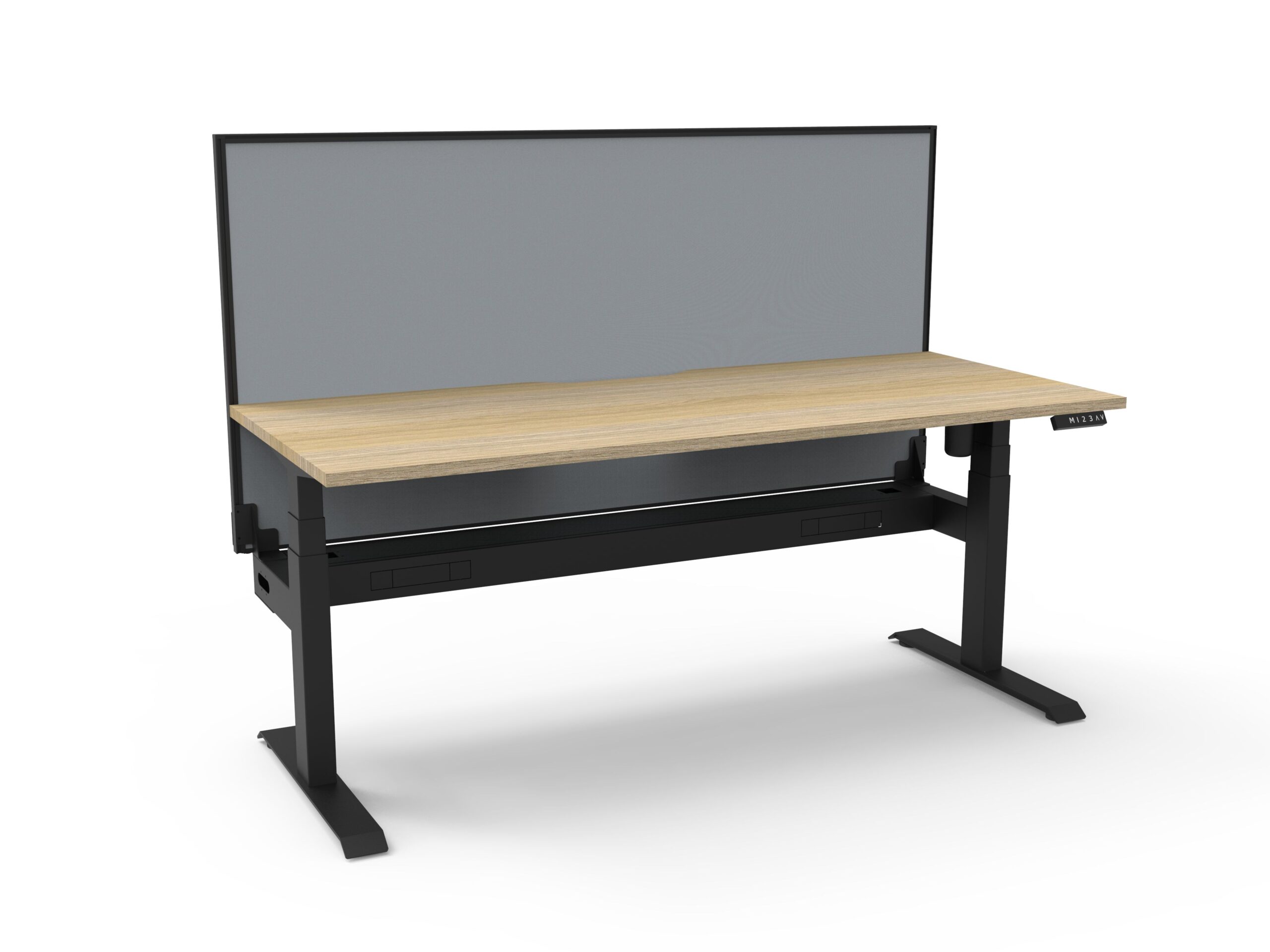 Rapidline Boost Light Sit-Stand Desk – 1200mm x 750mm, Natural Oak Top, Black Satin Frame, Cable Tray, Grey Privacy Screen