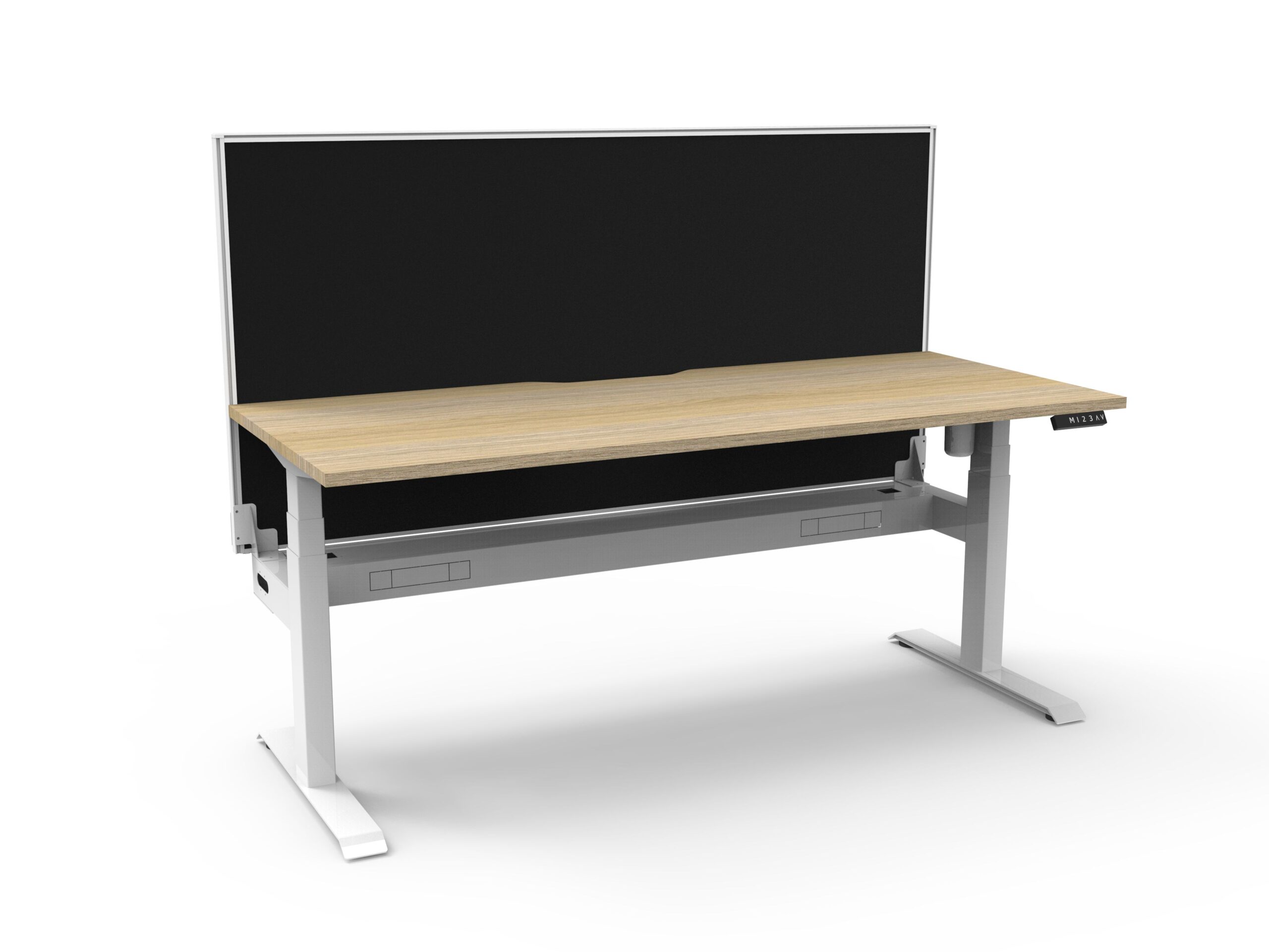 Rapidline Boost Light Sit-Stand Desk – 1200mm x 750mm, Natural Oak Top, White Satin Frame, Cable Tray, Black Privacy Screen