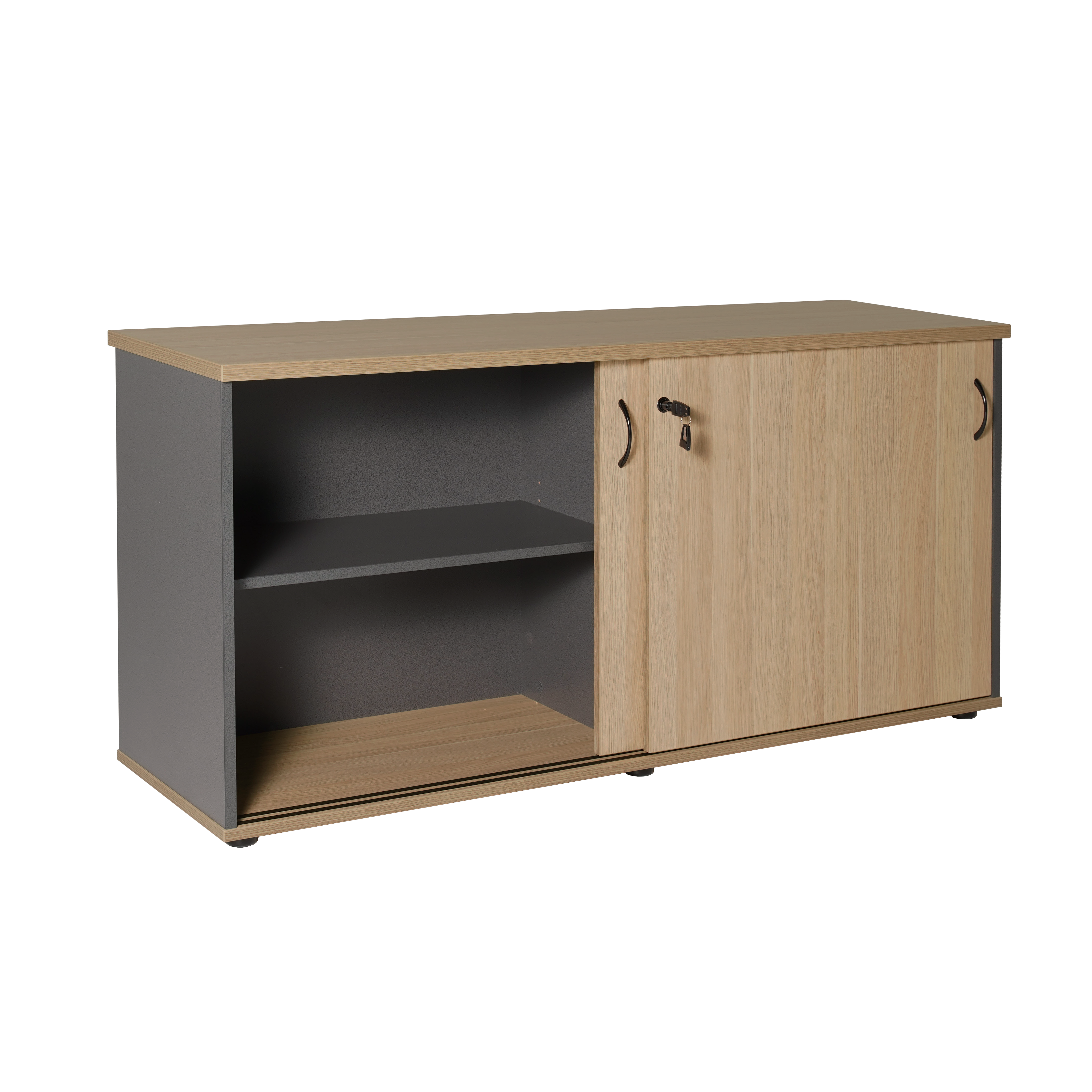 Rapid Worker Sliding Door Credenza – Natural Oak & Ironstone | 1200 x 450 x 730mm