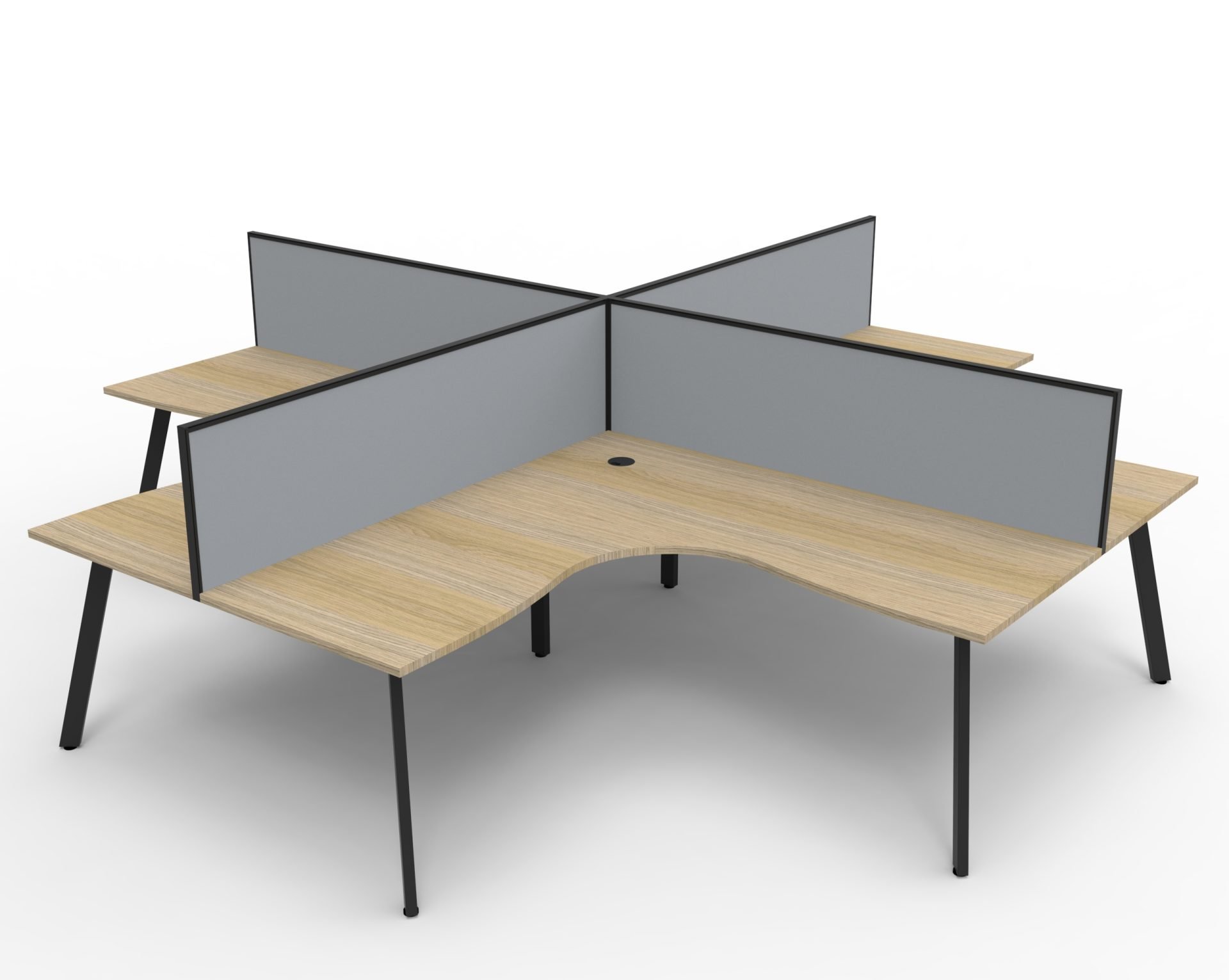 Rapidline Eternity Leg Corner Workstation – Pod of 4, 1800 x 1800mm, Natural Oak Top, Black Satin Base, SHUSH30 Grey Fabric Screens