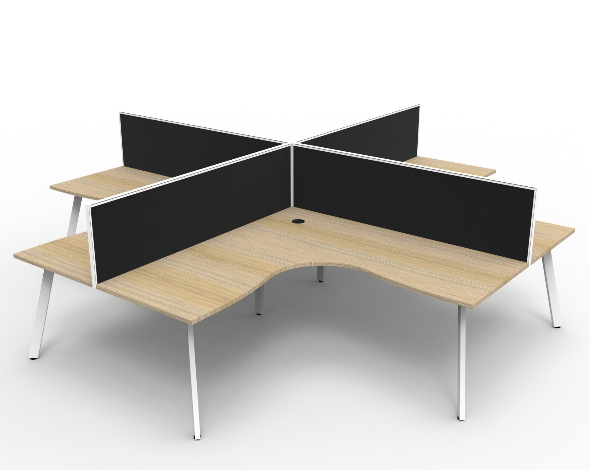 Rapidline Eternity Leg Corner Workstation – 4-Person Pod, 1800×1500mm, Natural Oak Top, White Satin Base, Black Fabric Screens