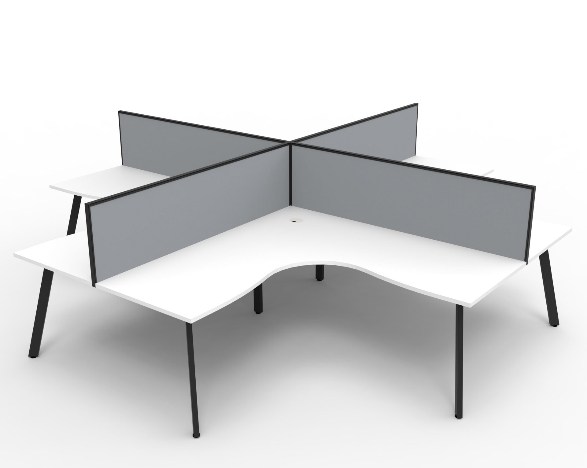 Rapidline Eternity Leg Corner Workstation – 4-Person Pod, 1800×1500mm, Natural White Top, Black Satin Base, Grey Fabric Screens