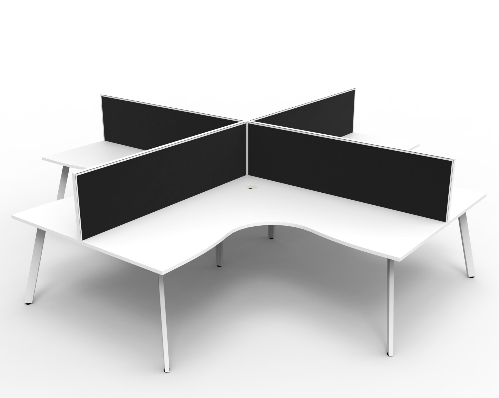 Rapidline Eternity Leg Corner Workstation – Pod of 4, 1800 x 1500mm, Natural White Top, White Satin Base, SHUSH30 Black Fabric Screens