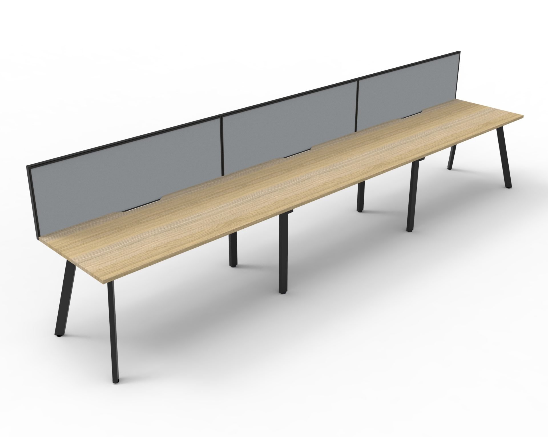 Rapidline Eternity Single Sided Workstation – Pod of 3 | Natural Oak Top, Black Satin Base, Grey Screen | 1800×750mm
