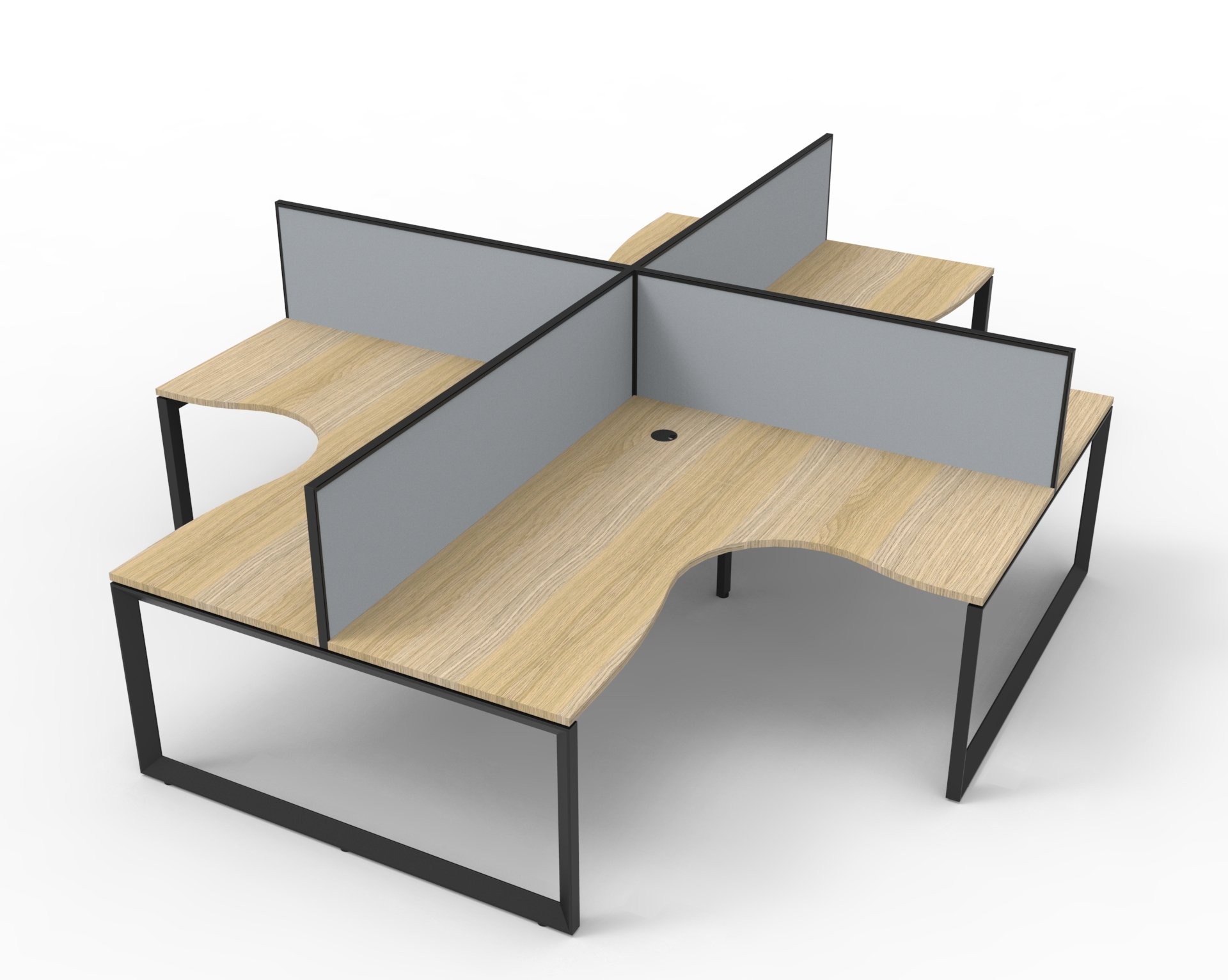 Rapidline Infinity Loop Leg Corner Workstation – Pod of 4 with Screens | Oak Top, Black Base, Grey Fabric Screens